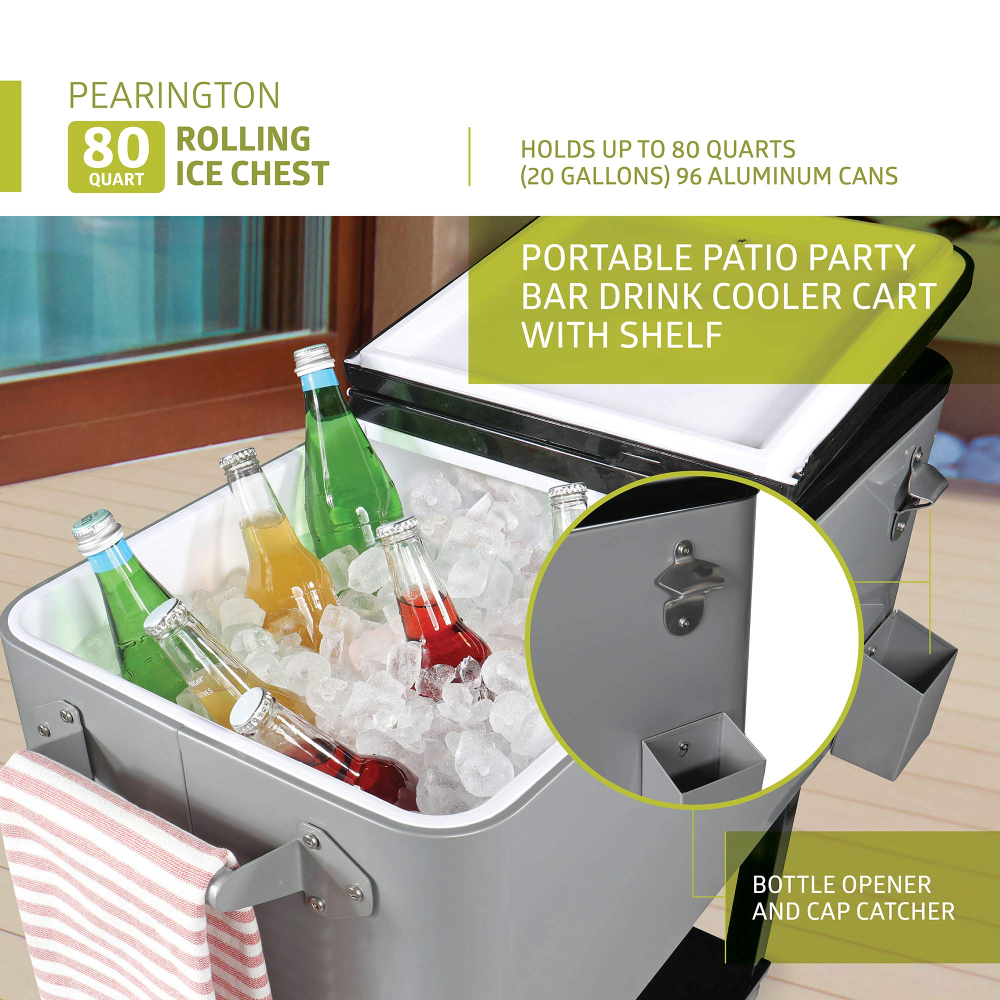 Pearington 80 Quart Rolling Cooler with Wheels - Portable Outdoor Party Cooler Cart with Shelf, Built-in Bottle Opener - Perfect for Camping, Beach Trips, Tailgating & Backyard BBQs (Grey)