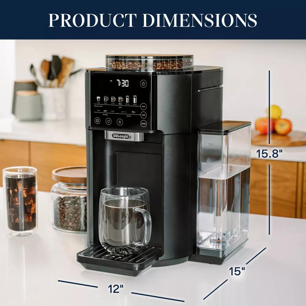 De'Longhi True-Brew Automatic Coffee Maker with Built-in Burr Grinder - One-Touch Espresso & Drip Coffee Machine, 5 Brew Styles, Zero Waste Design, Black Matte Finish - Perfect for Home, Office & Small Cafes