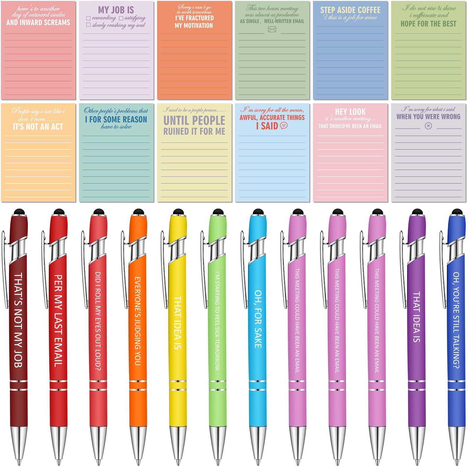 Geyee 24-Pack Funny Office Notepads with Sarcastic Sayings & Ballpoint Pens - 3x4 Inch Sticky Notes for To-Do Lists - Perfect Coworker Gifts for Nurses, Teachers & Employees - Great for Office Appreciation, Desk Organization & Humorous Workplace Motivation