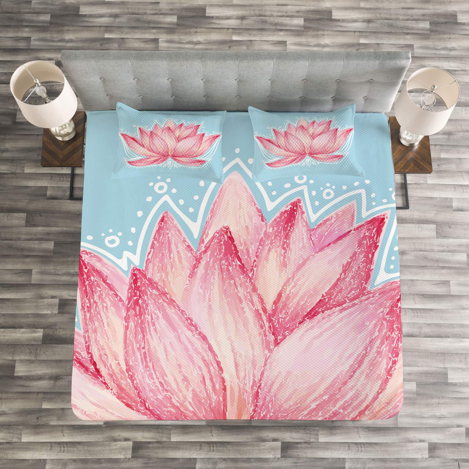 Ambesonne Lotus Flower Bedspread Set - King Size 3-Piece Botanical Garden Design with 2 Pillow Shams, Pink & Pale Blue Floral Pattern - Perfect for Master Bedroom, Guest Room Decor & Boho Chic Home Styling