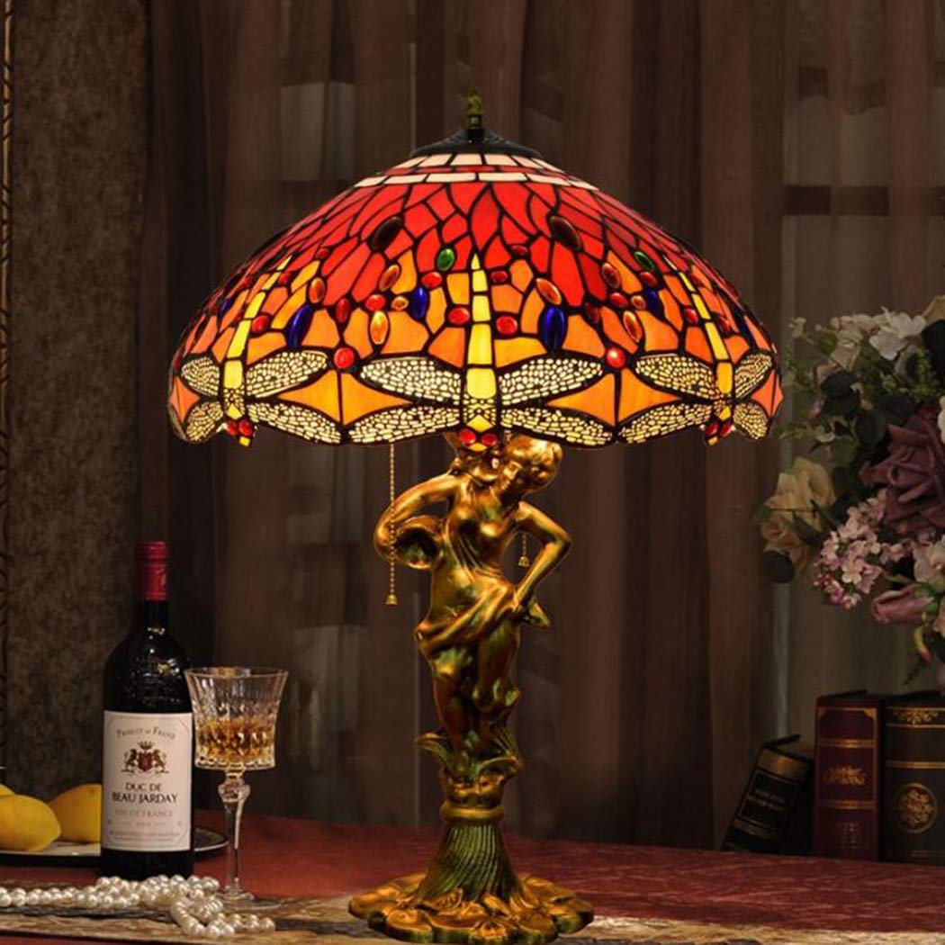 European Retro Pastoral Dragonfly Tiffany Style Table Lamp - 17.7 Inch Handmade Stained Glass Desk Light for Reading, Living Room, Bedroom & Bedside - Warm Red Ambient Lighting (Perfect for Cozy Evenings & Home Office Decor)