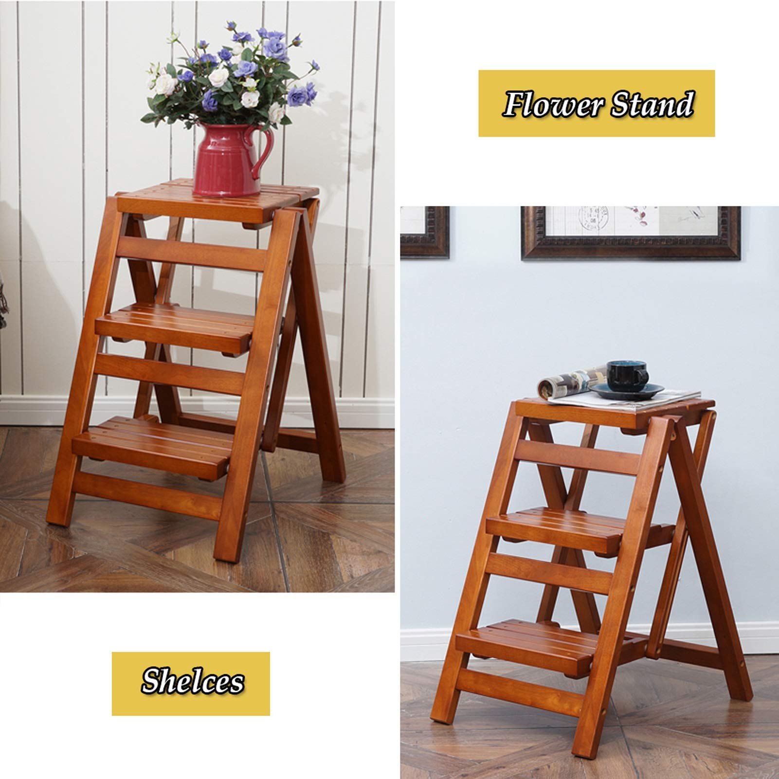 LEOSXA 3-Step Solid Wood Folding Step Stool - Heavy Duty Portable Ladder Stool for Home, Kitchen, Bathroom & Garage - Non-Slip Safety Stool for Adults & Kids - Multi-Purpose Climbing Stool for Storage & Cleaning