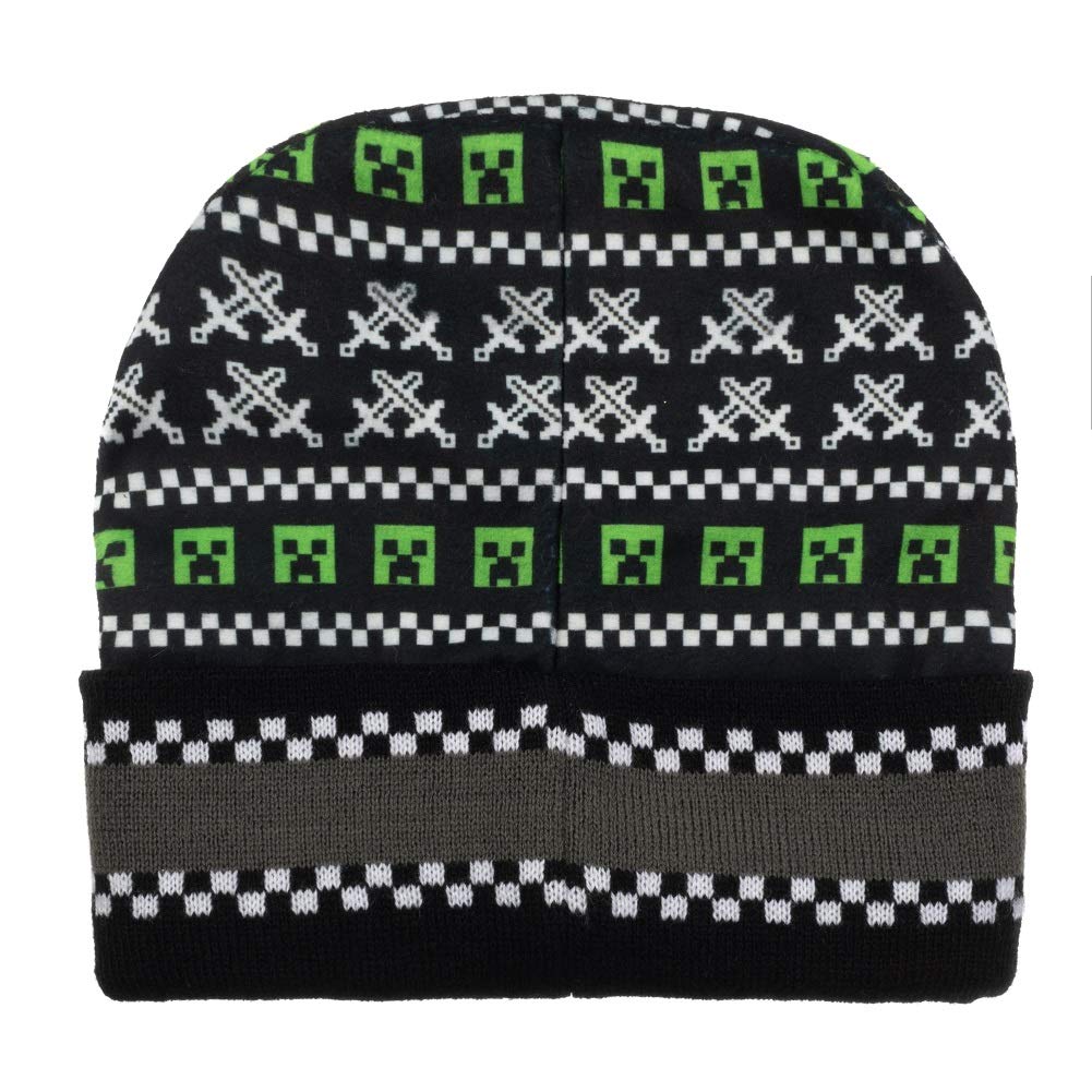 Minecraft Creeper Swords Fair Isle Boys Beanie Hat & Gloves Set - Black - Perfect for Winter Gaming & Outdoor Adventures