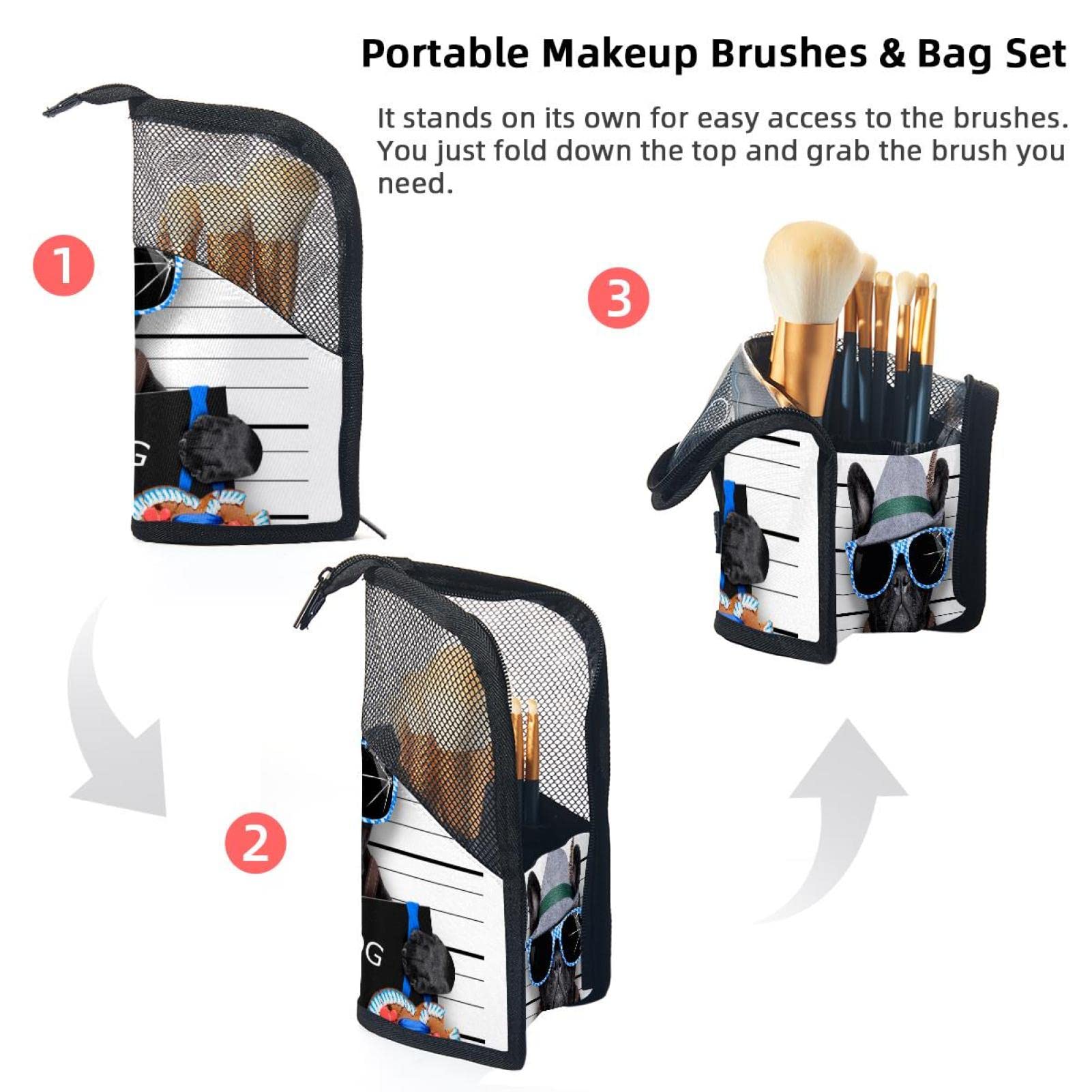 12-Piece Makeup Brush Organizer Bag with Funny Pug Dog Design - Portable Cosmetic Brush Holder Case for Travel, Home & Professional Use