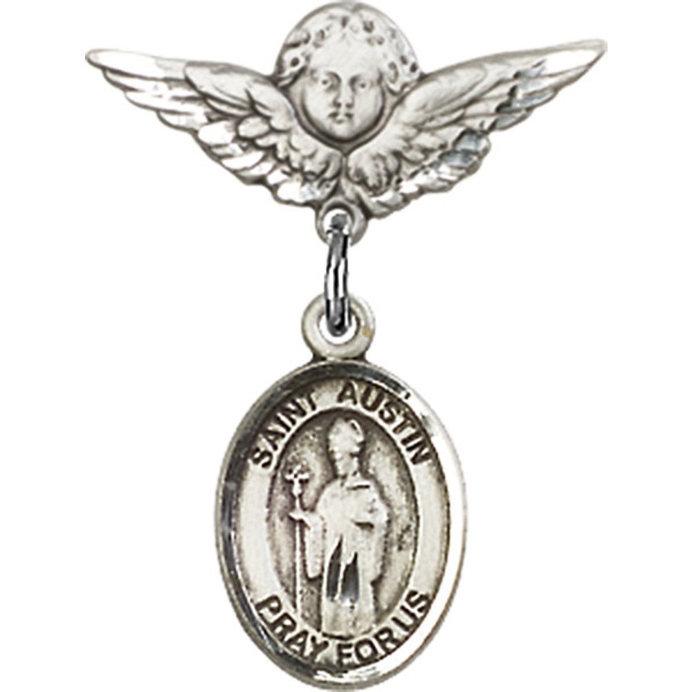 Sterling Silver Baby Badge with St. Austin Charm & Angel Wing Pin - 7/8