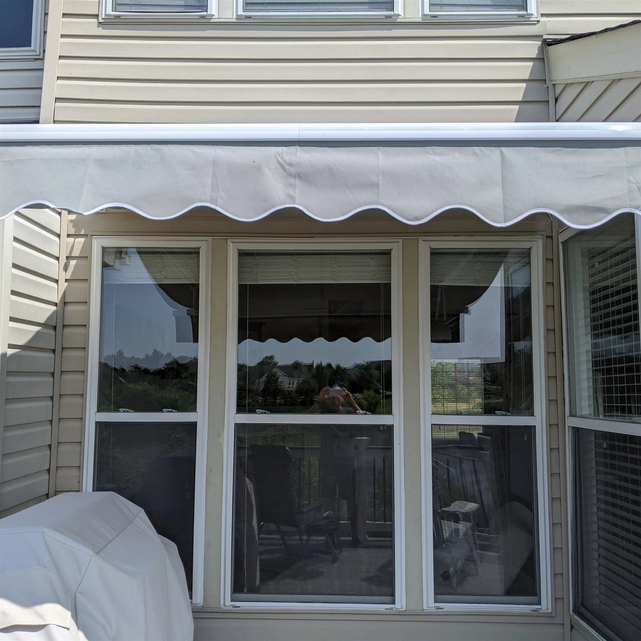 Aleko 10x8 Feet Motorized Retractable Patio Awning with White Frame in Ivory - Perfect for Outdoor Shade, Backyard Relaxation, and Deck Protection