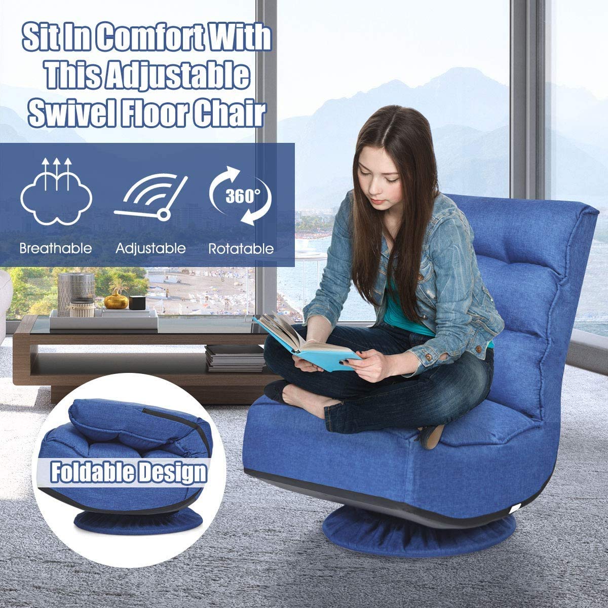 FANTASK 360 Degree Swivel Floor Chair - Adjustable Folding Floor Sofa with 5 Positions & Backrest - Ergonomic Lazy Lounge Chair for Reading, Gaming, TV Watching - Perfect for Living Room, Bedroom & Dorm (Navy Blue)