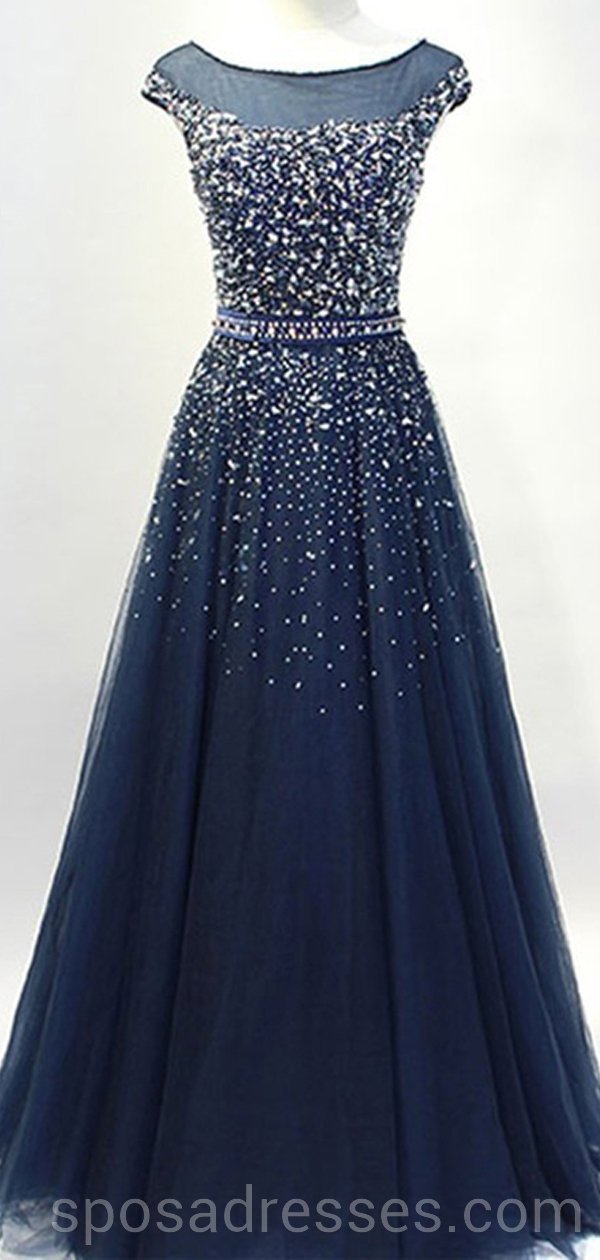 Elegant Navy Blue Cap Sleeve Tulle Beaded Long Evening Prom Dress - Custom Party Gown for Formal Events, Homecoming & Special Occasions