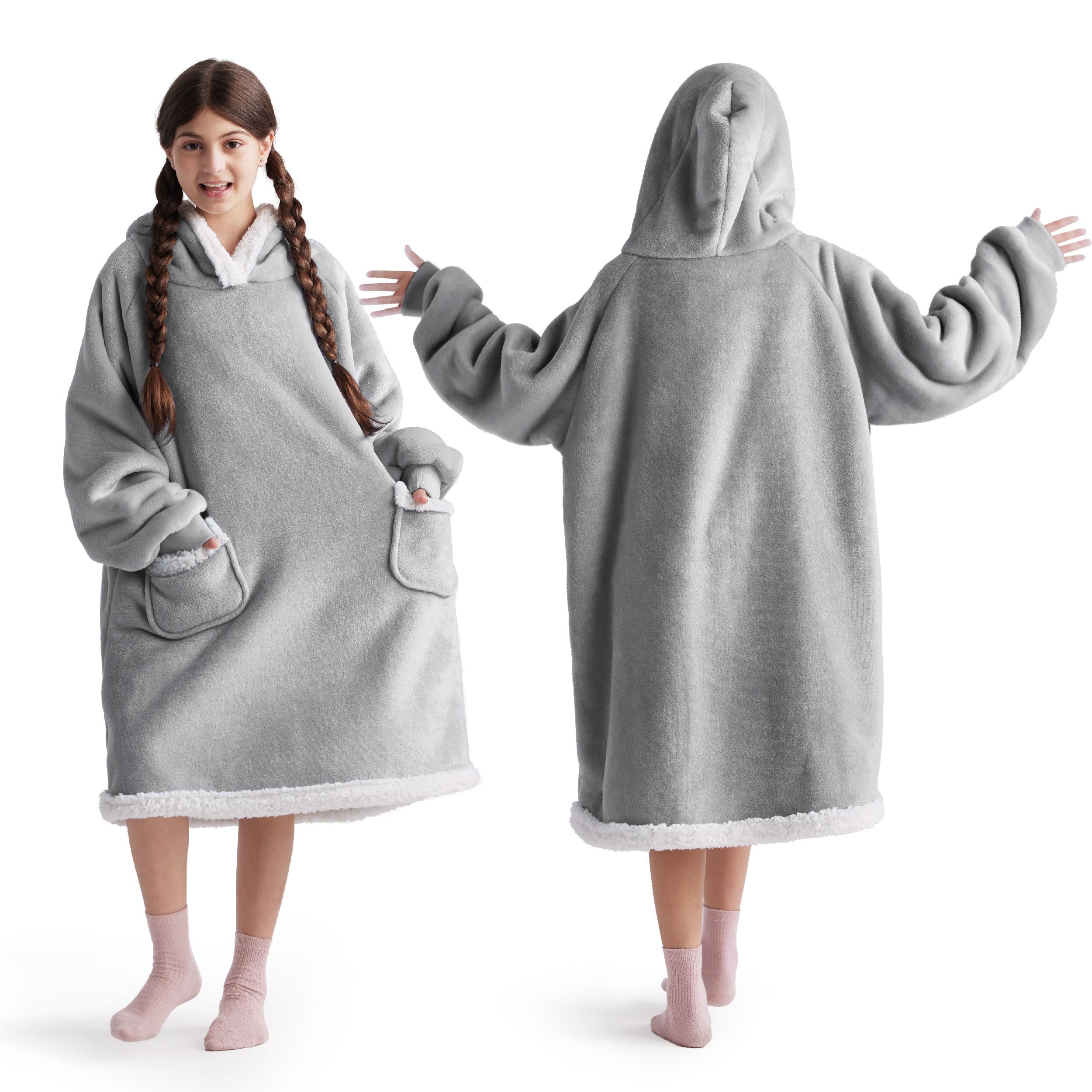 Bedsure Wearable Blanket Hoodie for Adults & Kids - Soft Fleece Sherpa Hooded Blanket, Perfect Birthday Gift for Women, Men, Mom - Great for Christmas, Mothers Day, Cozy Nights & Movie Time (Grey)