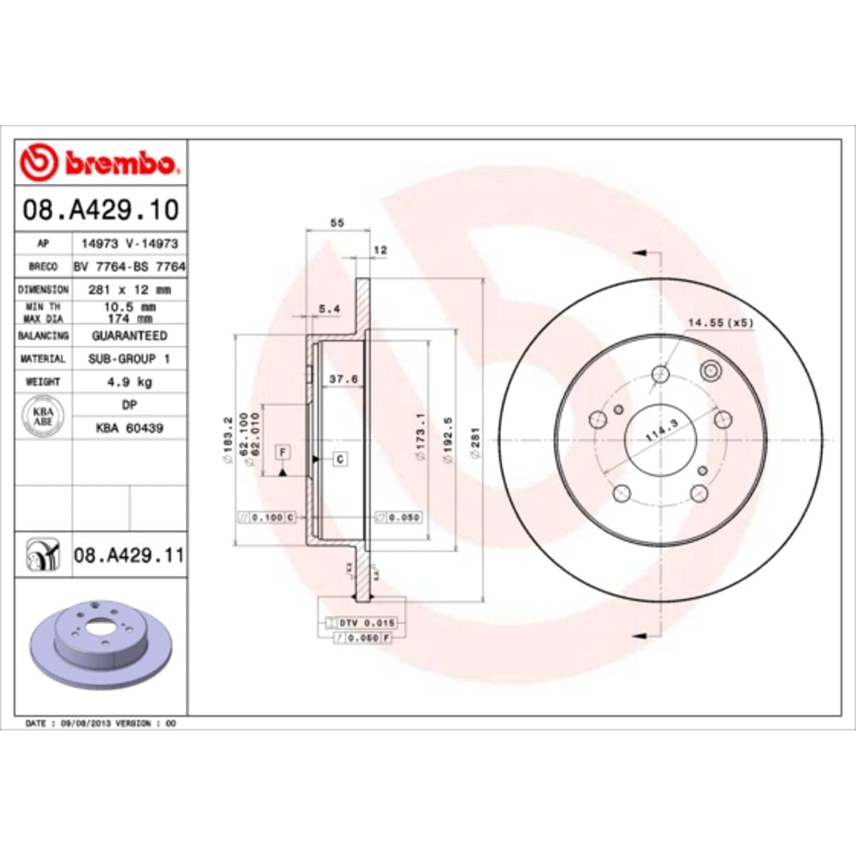 Brembo Disc Brake Rotor (08.A429.10) - High Performance Brake Rotor for Smooth Stopping - Perfect for Sports Cars, Racing & Daily Driving