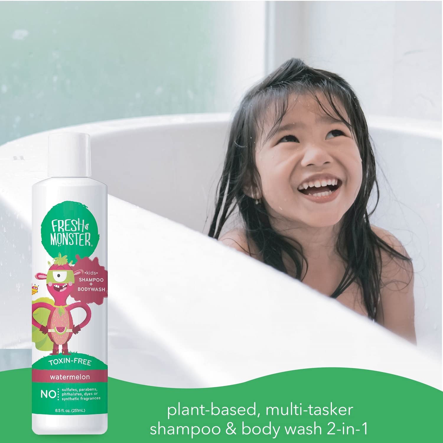 Fresh Monster 2-in-1 Shampoo & Body Wash for Kids - Natural, Hypoallergenic, Toxin-Free, Watermelon Scent - 8.5oz Each (Pack of 2) - Perfect for Bath Time, Travel & Sensitive Skin Care