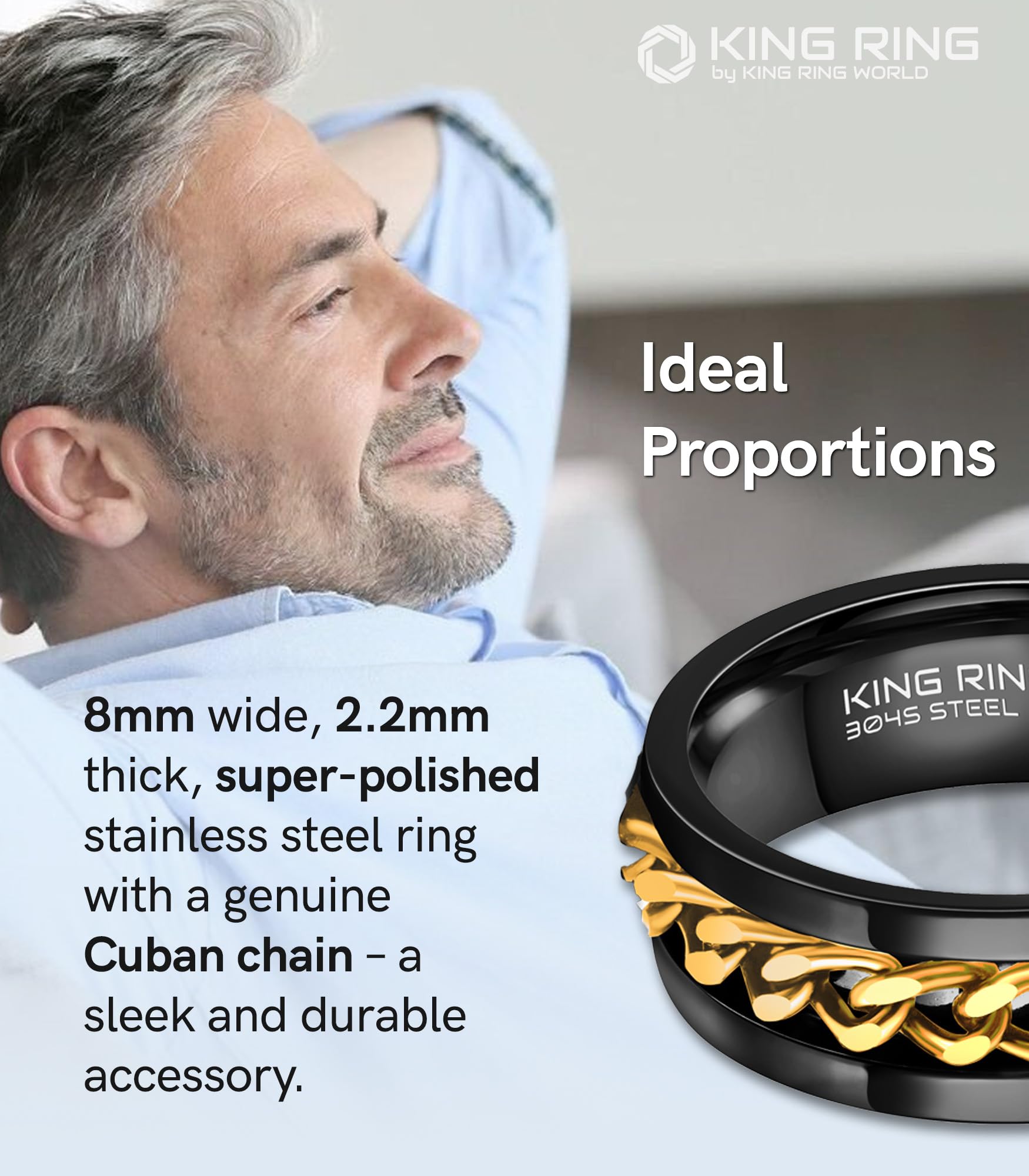 8mm Spinner Ring for Men & Women - Fine Polished Flat Fidget Ring with Cuban Chain - Stress Relief & Anxiety Relief Jewelry - Perfect for Office, Travel & Daily Wear - Designed in USA