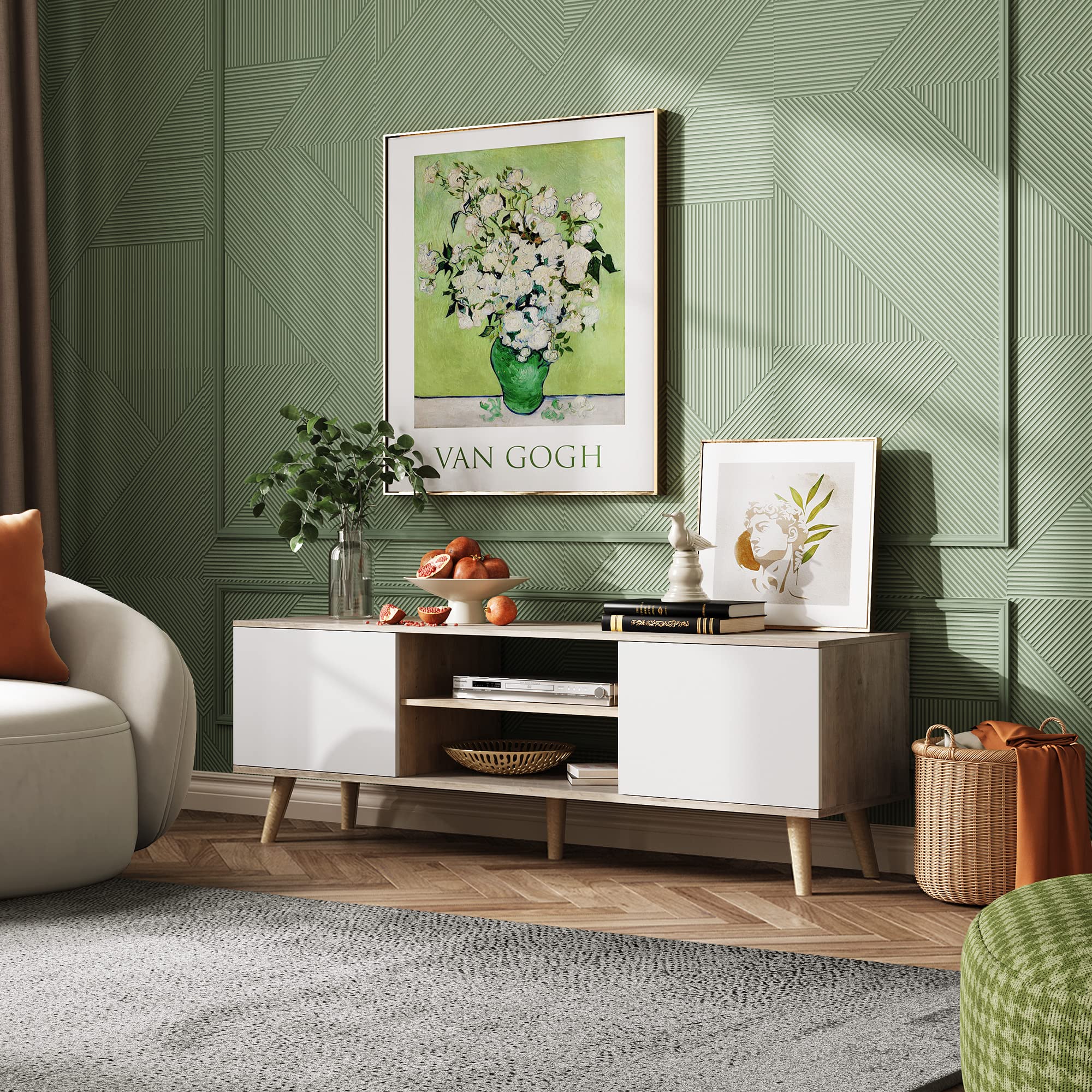 Modern TV Stand for 55-60 Inch TVs - Boho Style Entertainment Center with Storage Cabinets, Greige White TV Console for Living Room - Perfect for Home Theater Setup & Living Room Decor