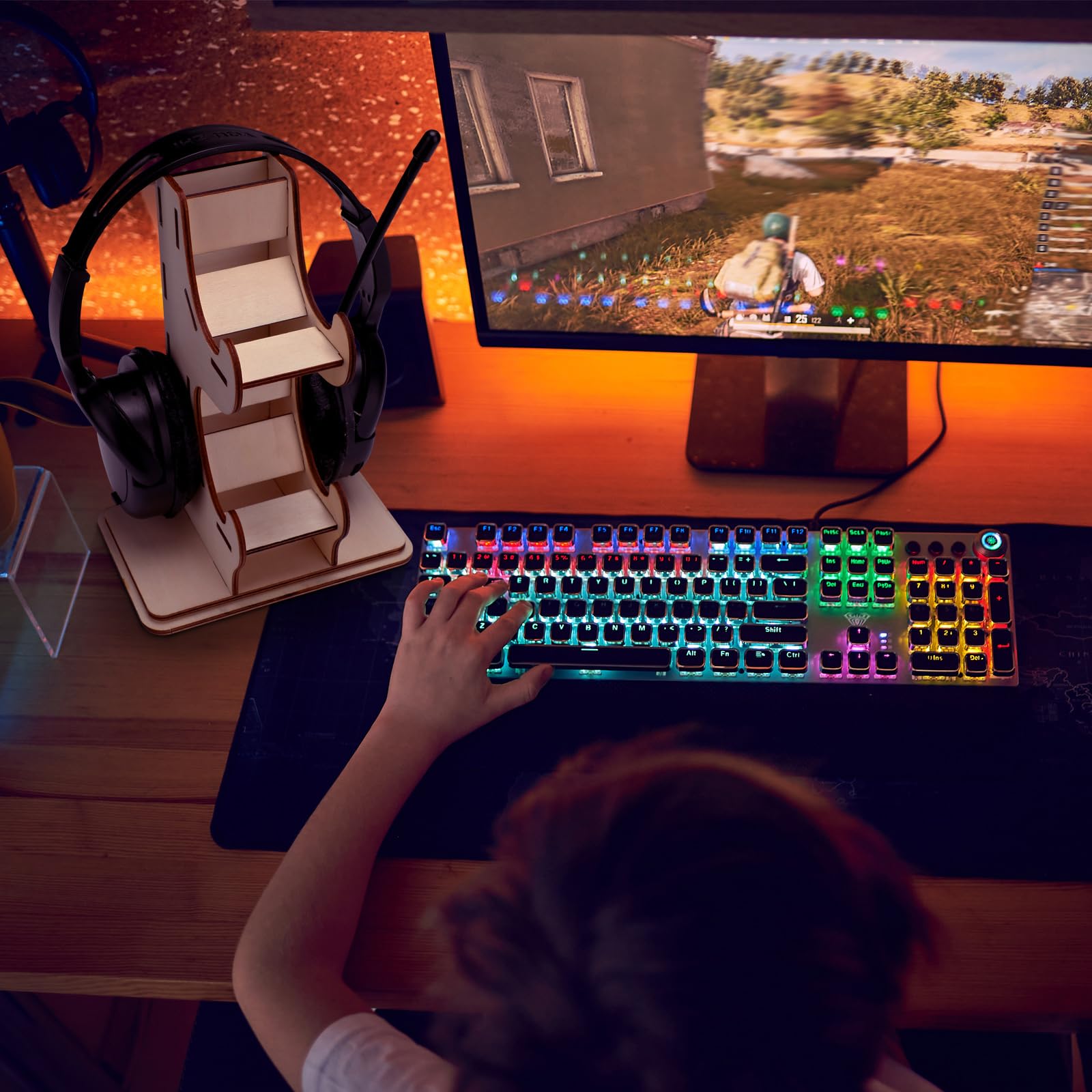 2-Tier Wooden Christmas Game Controller Stand with Custom Stickers - Universal Gaming Headset Holder & Headphone Hanger - Perfect PC Accessories Organizer for Gamer Desk Setup (Ideal for PS5, Xbox, Nintendo Switch)