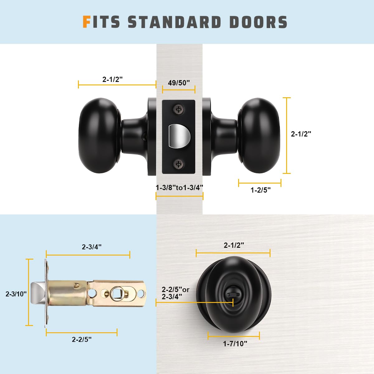 Modern Oval Door Knob Set - 2 Pack Matte Black Passage & Closet Knobs for Hallway, Bedroom & Interior Doors | Classic Style Hardware for Home Improvement & DIY Projects