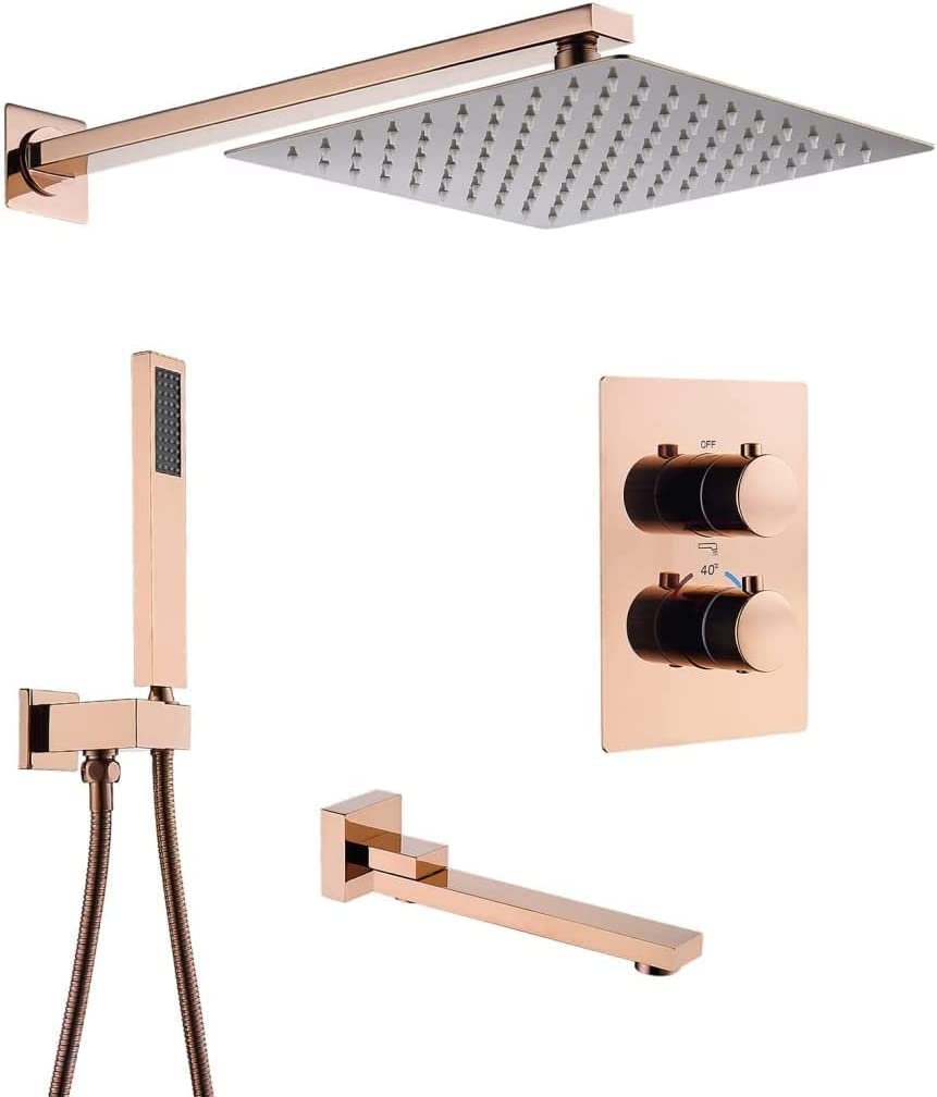 Rose Gold Thermostatic Shower System - 8 Inch Rainfall Shower Head with Handheld Sprayer, Wall Mount Faucet & Tub Spout for Luxurious Bathroom Upgrade | Perfect for Master Bath, Guest Bath & Spa-Like Shower Experience