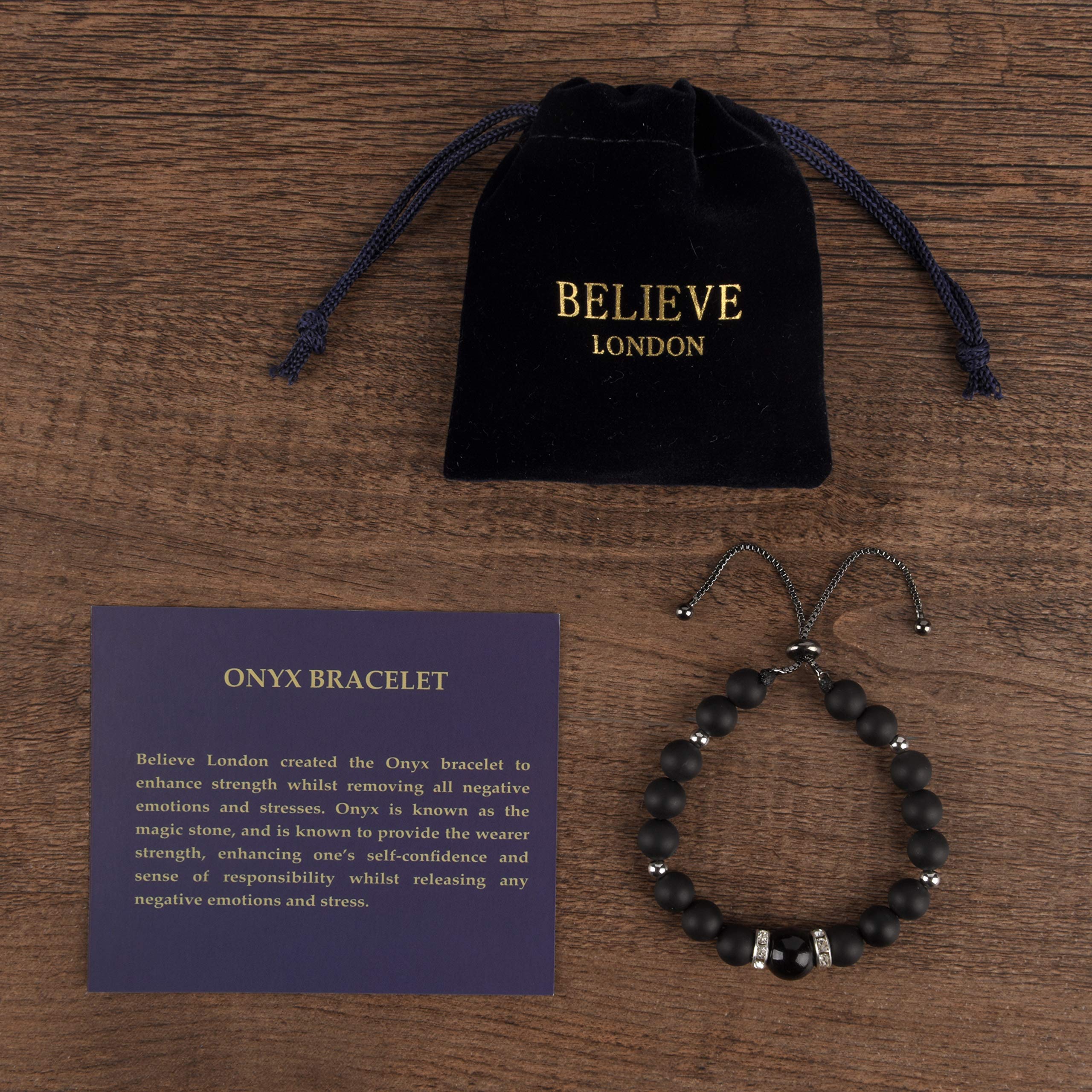 Believe London Onyx Gemstone Bracelet - Natural Healing Crystal Bracelet for Chakra Balancing, Anxiety Relief & Stress Reduction - Reiki Yoga Meditation Jewelry for Men & Women - 6.5