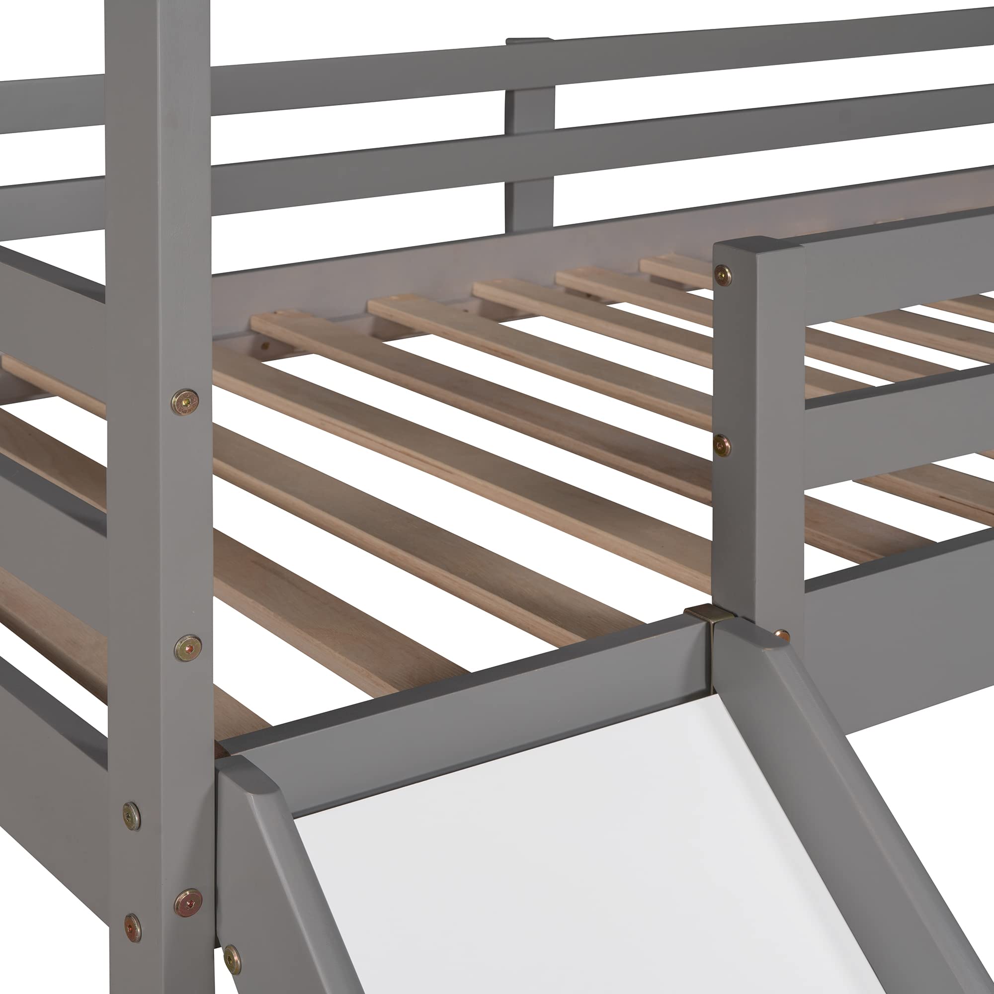 **Twin Size Wooden Tent Bed Frame with Roof & Slide - Kids Playhouse Loft Bed with Safety Fence, Nursery Furniture for Boys & Girls (Gray) - Perfect for Bedrooms, Playrooms & Montessori Learning Spaces**