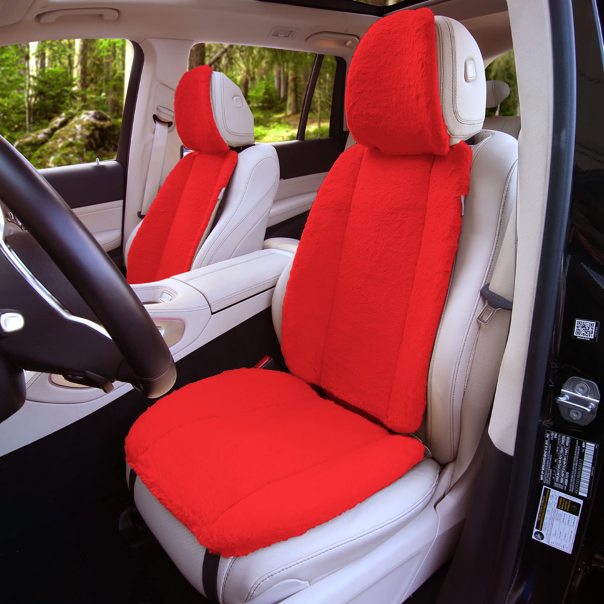 TLH Red Doe16 Faux Rabbit Fur Car Seat Cushions - Ultra Soft & Luxurious for Most Cars, Trucks, SUVs & Vans - Perfect for Winter Comfort & Long Road Trips