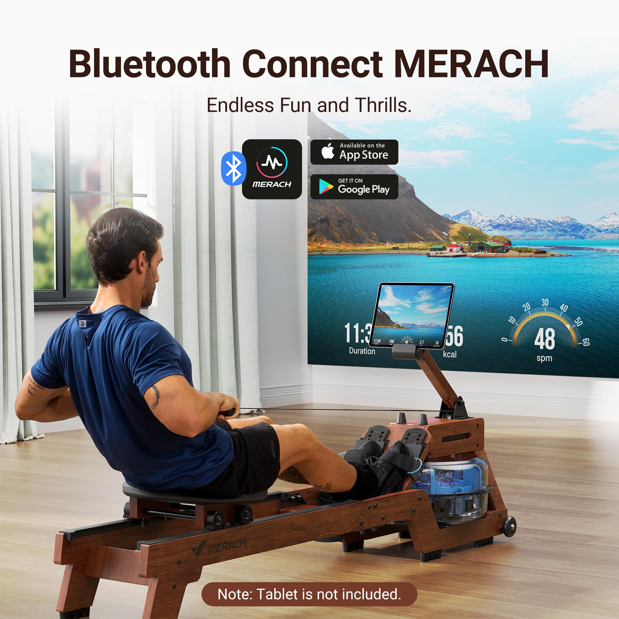 MERACH Foldable Water Rowing Machine for Home - 400LBS Weight Capacity with LCD Monitor & Comfortable Seat - Free MERACH Fitness App - Perfect for Home Gym, Cardio Workouts & Full-Body Exercise