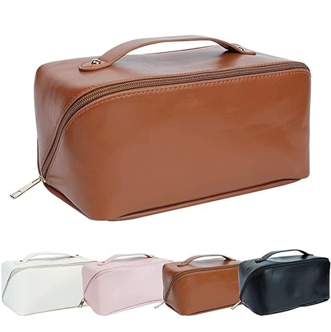 SHOPZILLA Large Capacity 12 Inch Cosmetic Travel Bag for Women - Leather Makeup Organizer with Handle & Divider, Wide Opening Portable Toiletry Bag - Perfect for Travel, Gym, and Daily Makeup Storage