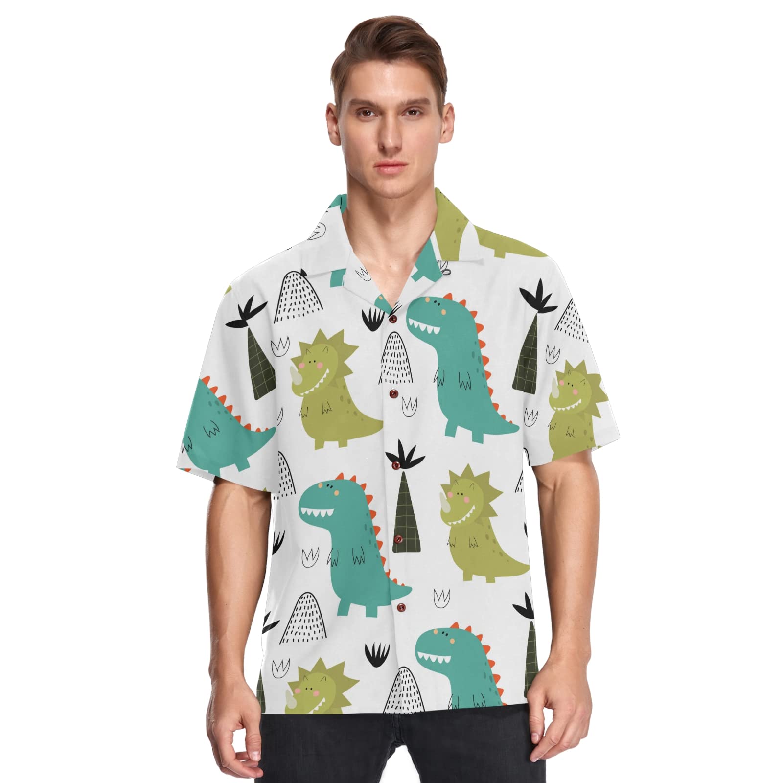 Stylish Dinosaur Print Men's Hawaiian Shirt - Breathable Short Sleeve Button Down Casual Shirt for Summer Beach Vacation & Tropical Parties - Perfect for Luau, BBQ, and Outdoor Adventures