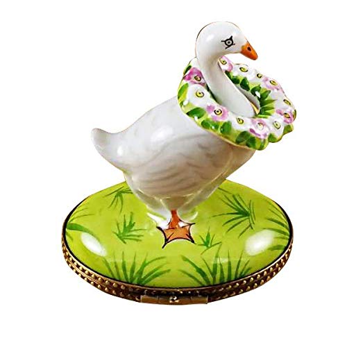 Limoges Porcelain Box with Rochard Goose, Spring & Christmas Wreaths - Hand-Painted Collectible Trinket Box for Home Decor, Gift Giving & Holiday Display