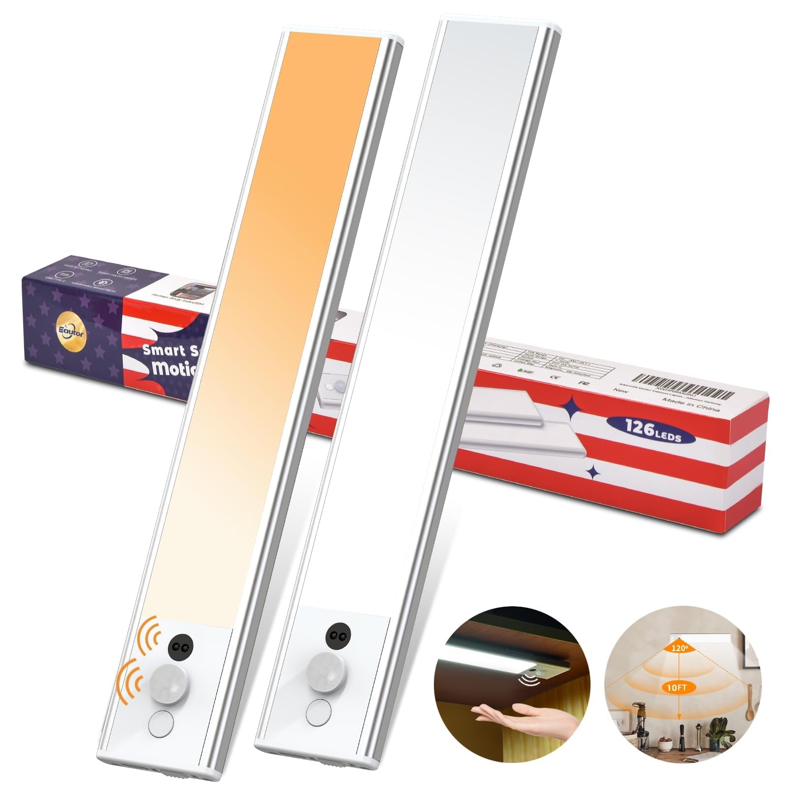 Under Cabinet LED Lights with Motion Sensor - 126 LED USB-C Rechargeable Wireless Closet Lights, Battery Operated Magnetic Adhesive Stick-On Light Strips for Kitchen, Wardrobe & Pantry (2 Pack) - Perfect for Nighttime Lighting and Dark Spaces