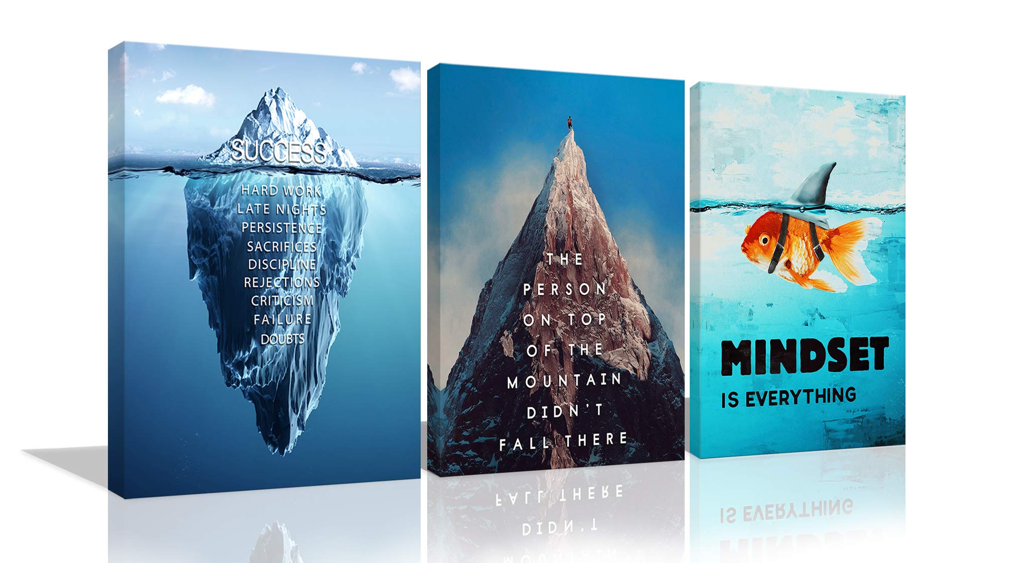 3-Piece Motivational Wall Art Set - Goldfish & Iceberg Success Canvas Prints, Inspirational Quotes for Office & Home Decor, Ready to Hang | Perfect for Living Room, Bedroom & Workspace Motivation