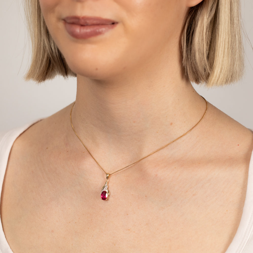 9ct Yellow Gold Created Ruby and Diamond Pendant - 8x6mm Oval Gemstone Jewelry for Women, Elegant Gift for Birthday, Anniversary & Valentine's Day