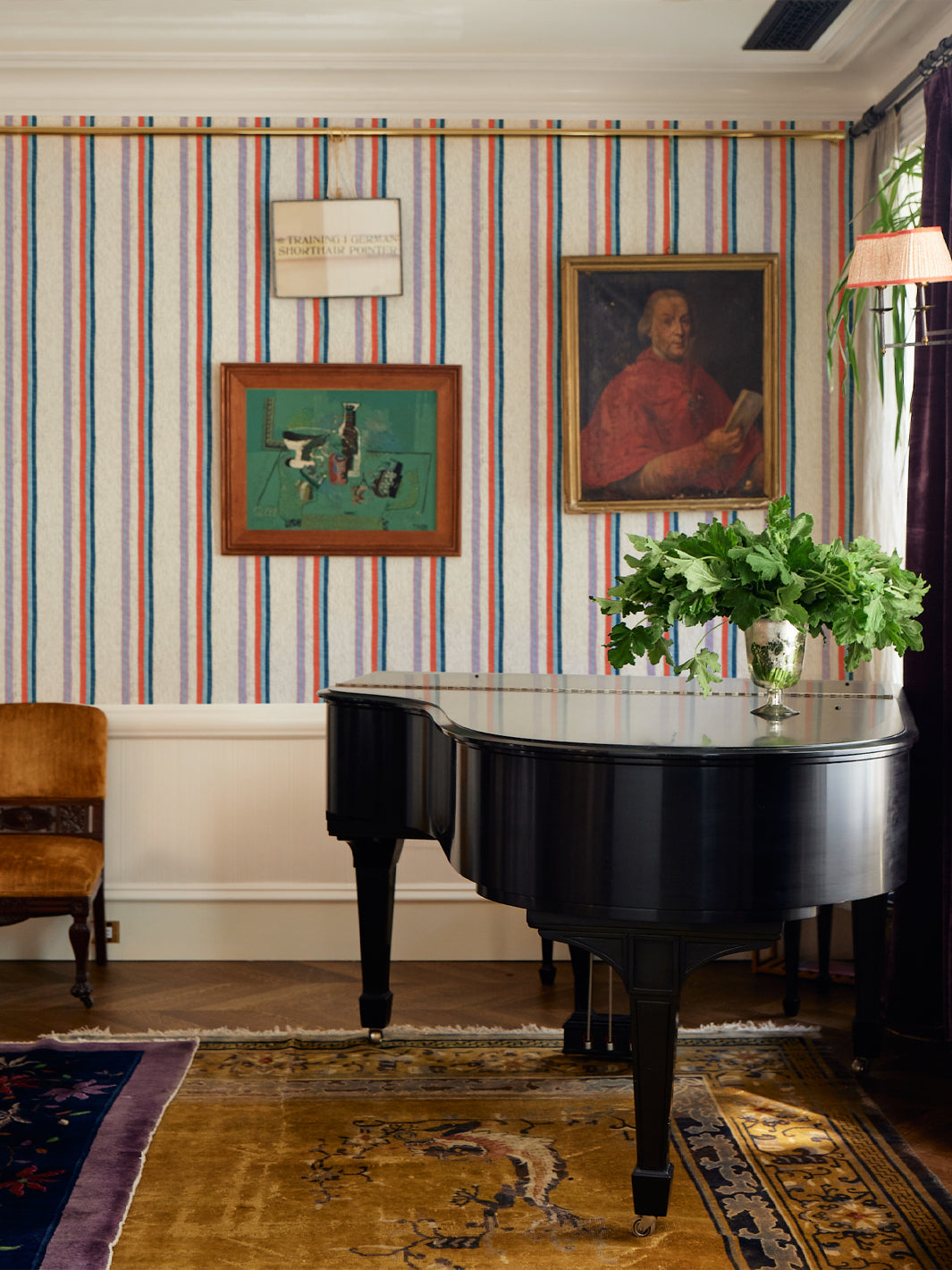 Lingua Franca 'Life is a Banquet' Stripe Wallpaper in Persimmon & Blue - Perfect for Dining Room, Bedroom, and Home Office Decor