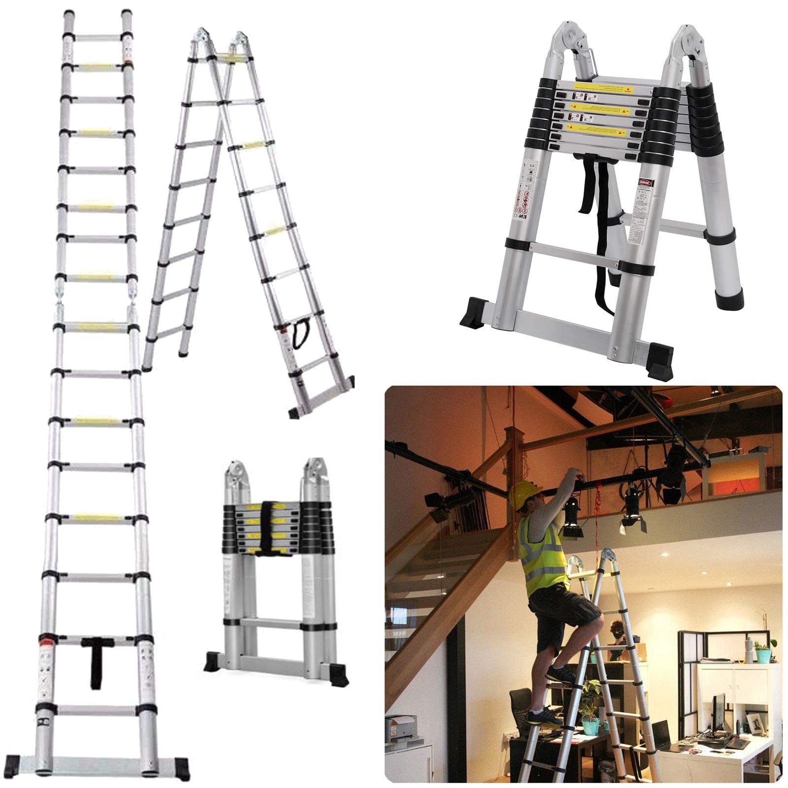 16.5FT Aluminum Telescoping Ladder - 330lb Capacity, A-Frame & Straight Extension, Folding & Retractable for Indoor/Outdoor Use - Perfect for Home, Office, Construction & Roof Work
