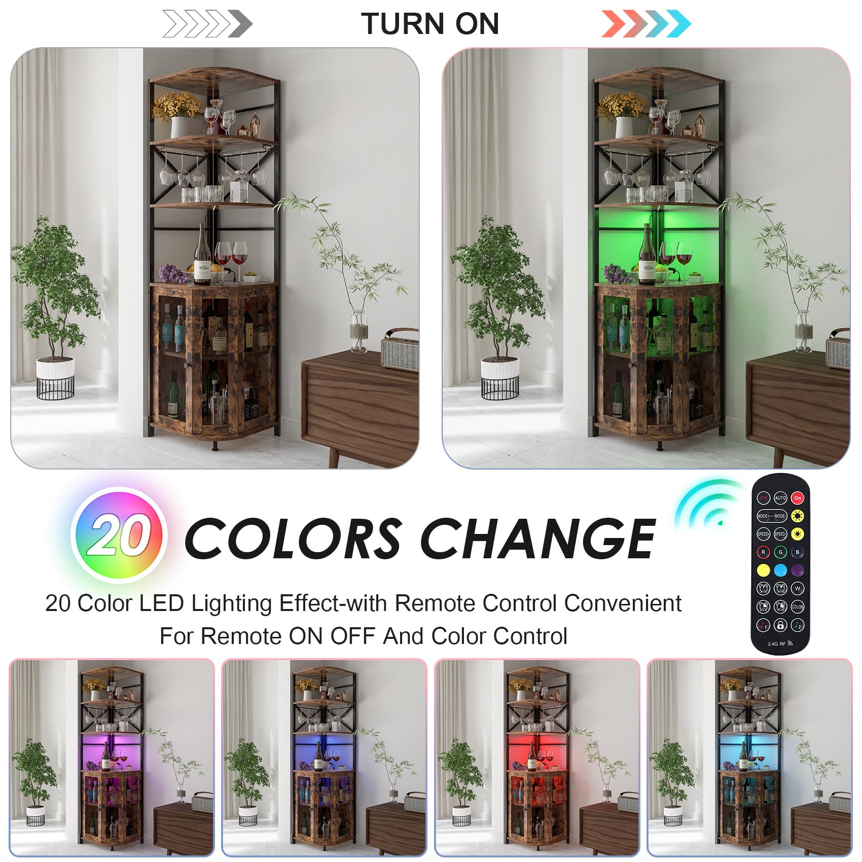 Industrial 6-Tier Wine Bar Cabinet with LED Lights, Power Outlet & Adjustable Glass Shelves - Corner Liquor Storage Cabinet for Home Bar, Dining Room or Christmas Gift