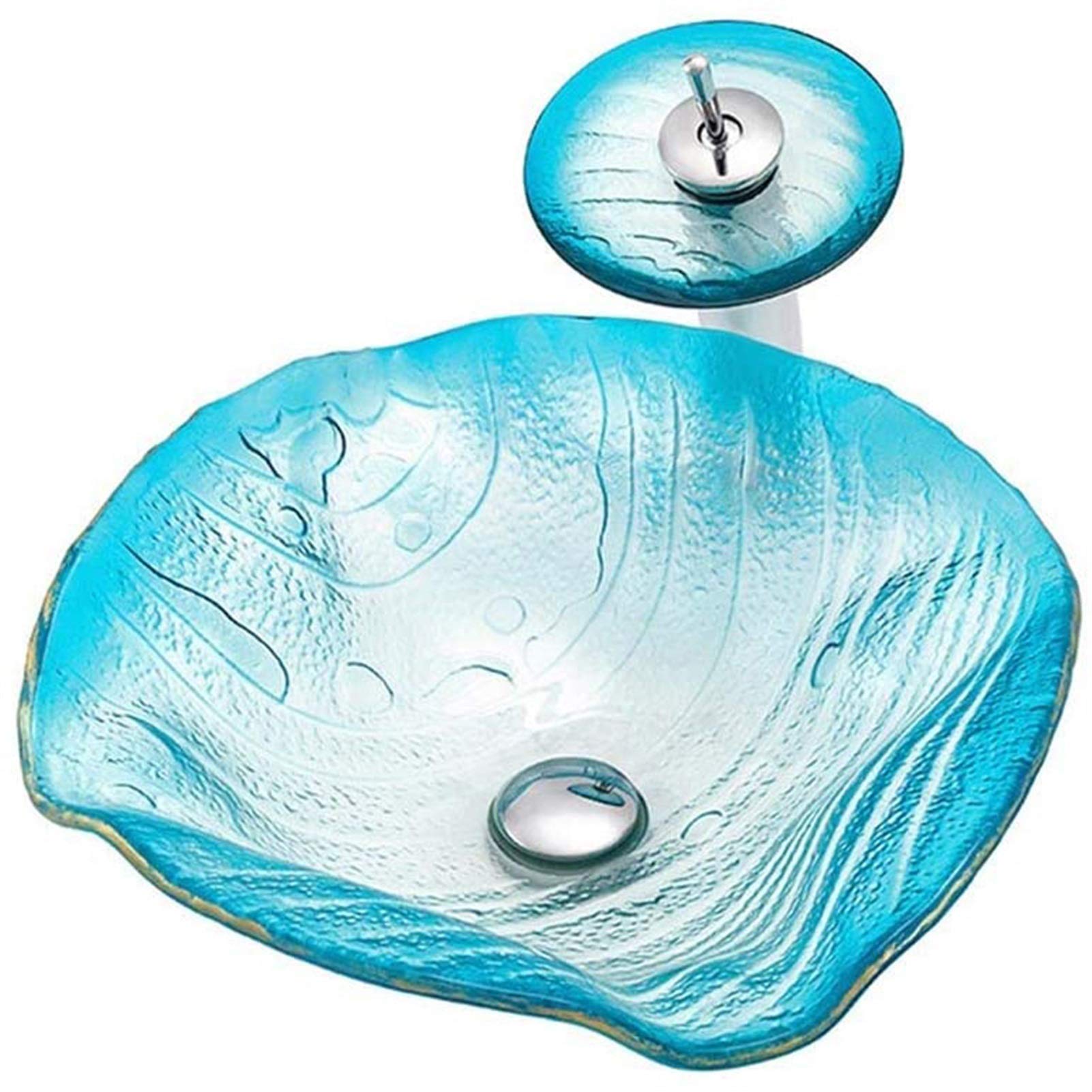 TONPOP Leaf Shaped Tempered Glass Vessel Sink - Bathroom Vanity Top with Chrome Faucet Combo & Pop-Up Drain - Modern Bathroom Sink for Powder Rooms, Guest Baths & Master Suites