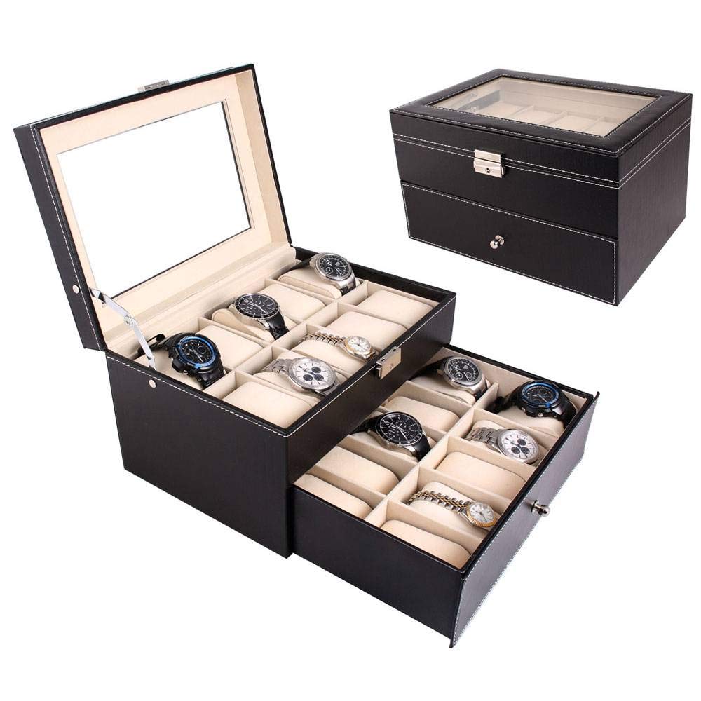 Vintage Wooden Watch Box with Glass Top - Adjustable Soft Pillows & High Clearance for Watch Collection Storage | Perfect for Displaying Luxury Watches, Jewelry Organization & Gift Presentation