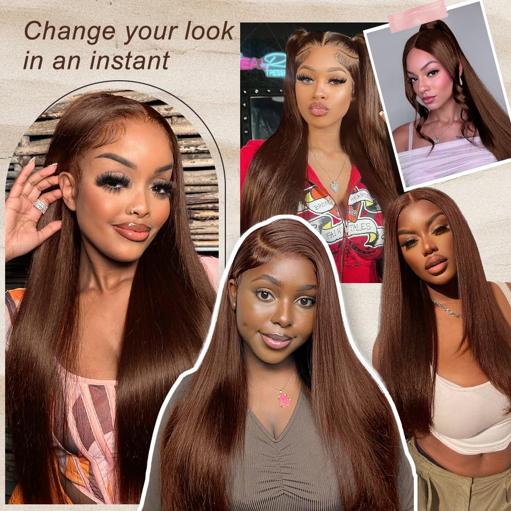 LZGYE 26inch Chocolate Brown Lace Front Human Hair Wig - 7x5 Glueless Straight Wig with Pre Plucked Hairline & Bye Bye Knots (220 Density, #4 Dark Brown) | Perfect for Daily Wear, Cosplay, and Special Occasions