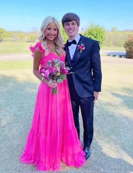 Elegant Hot Pink Long V-Neck A-Line Prom Dress J2572 - Perfect for Homecoming, Formal Dances & Special Occasions
