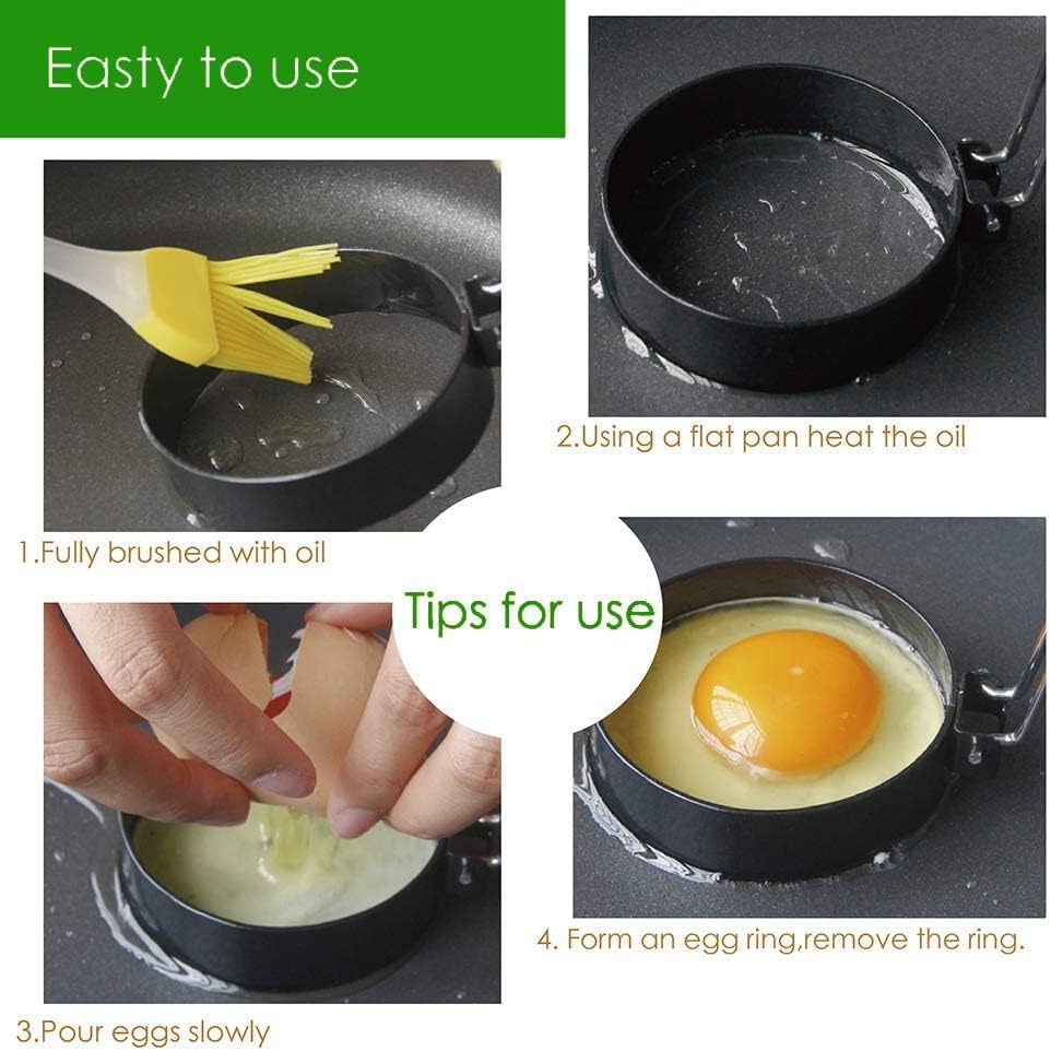 Stainless Steel Egg Rings Set of 4 - Nonstick, Heat-Resistant Egg Molds with Silicone Brushes & Spatulas for Cooking Fried Eggs, Pancakes, Crepes (4 Colors) - Perfect for Breakfast, Brunch & Family Cooking