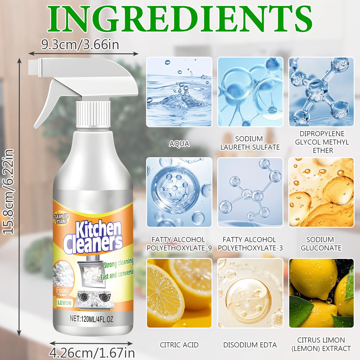 2-Pack Kitchen Foam Cleaner for Stubborn Stains - All-Purpose Cookware Cleaner for Pots, Pans & Range Hoods - Powerful Grease & Grime Remover Spray (4 Fl.oz/120ml) - Ideal for Deep Cleaning Stovetops, Ovens & Kitchen Surfaces