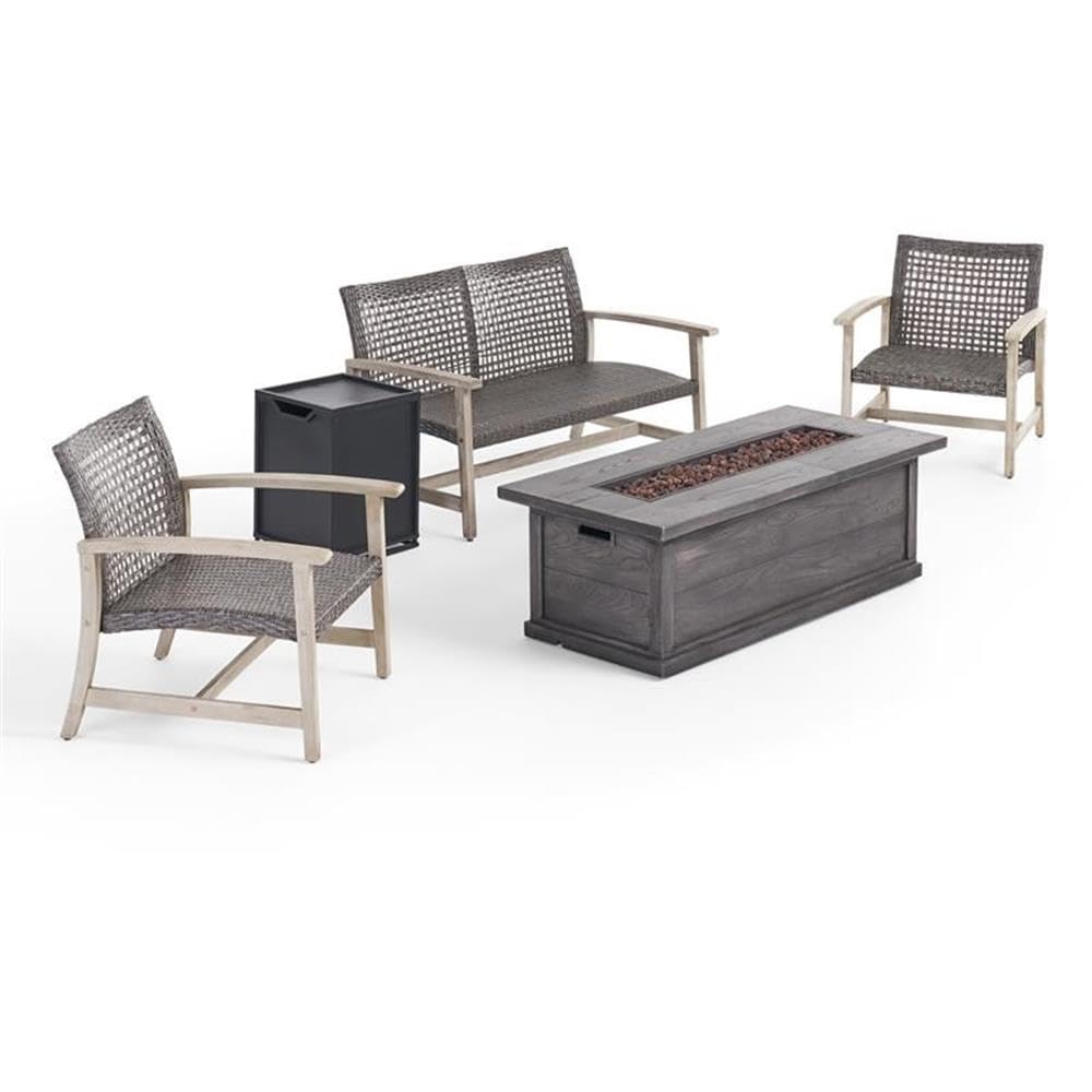 Noble House Breakwater Outdoor 5 Piece Wicker Chat Set with Fire Pit Black - Perfect for Patio, Garden, and Backyard Relaxation