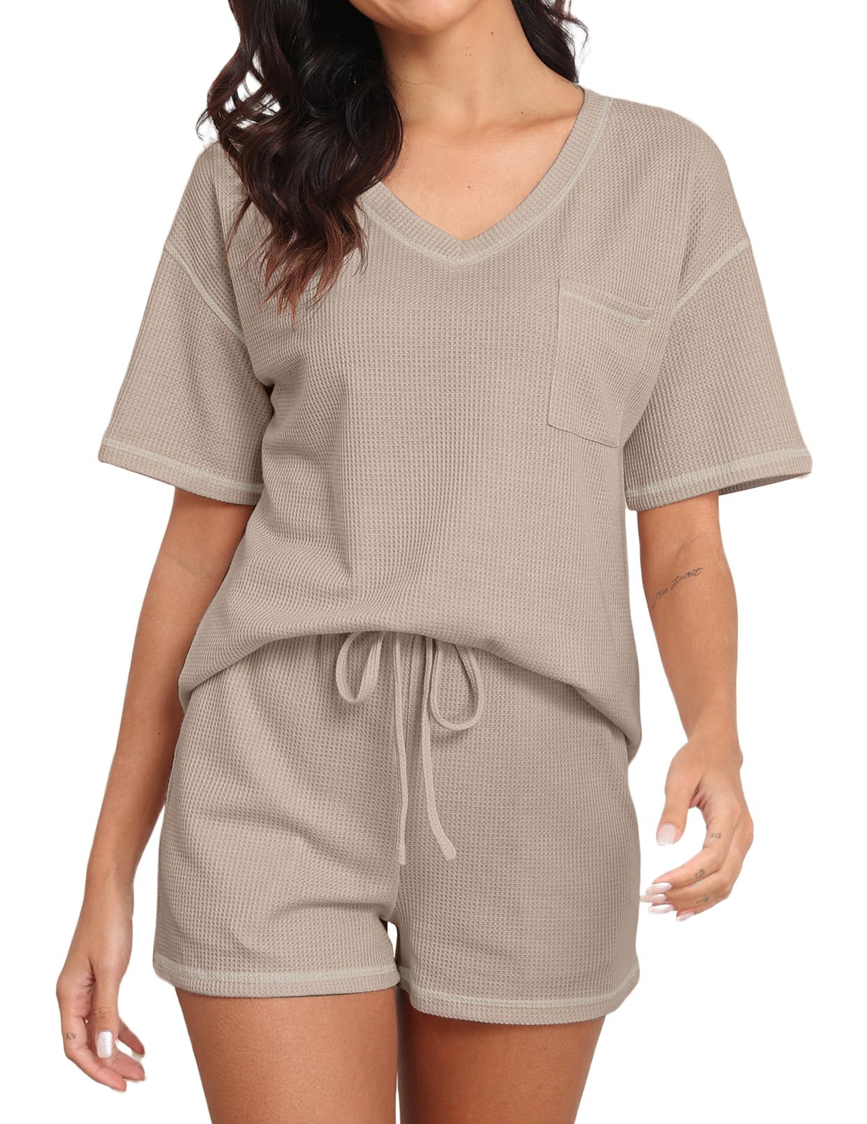 PrinStory Women's Waffle Knit Pajama Set - Short Sleeve Top & Shorts Lounge Outfit with Pockets | Soft Sleepwear for Nighttime & Cozy Loungewear for Home Relaxation