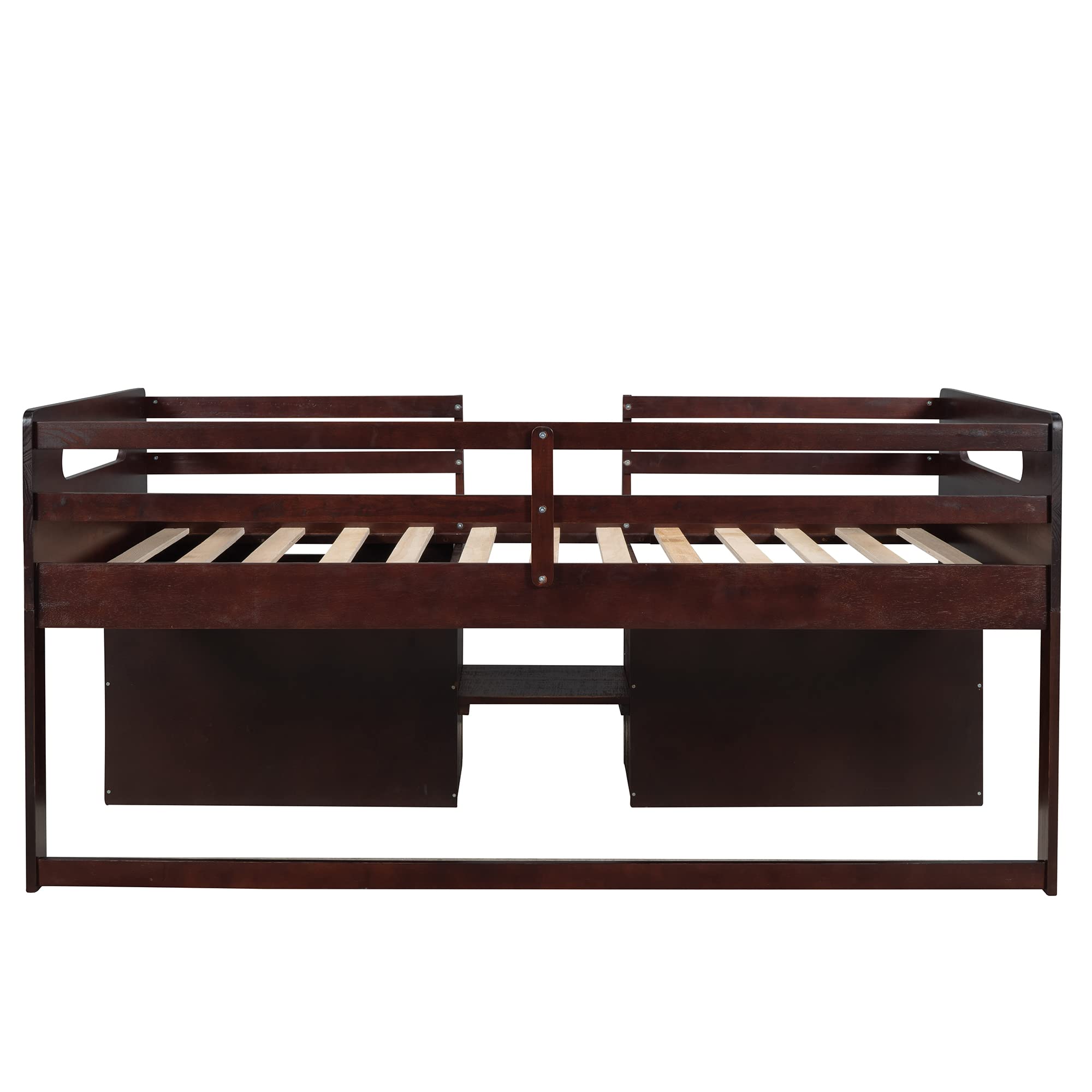 P PURLOVE Twin Loft Bed with 2 Shelves & 2 Drawers - Low Loft Bed Frame for Kids & Teens - No Box Spring Needed - Space-Saving Design for Small Rooms - Antique Espresso Finish - Perfect for Dorms, Apartments & Shared Bedrooms