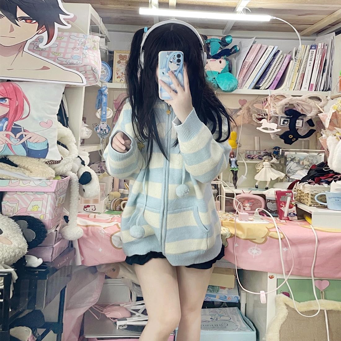 Y2K Harajuku Kawaii Goth Fashion Soft Knitted Hooded Cardigan with Cute Doggy Embroidery & Stripe Trim - Perfect for Streetwear, Cosplay & Casual Outfits