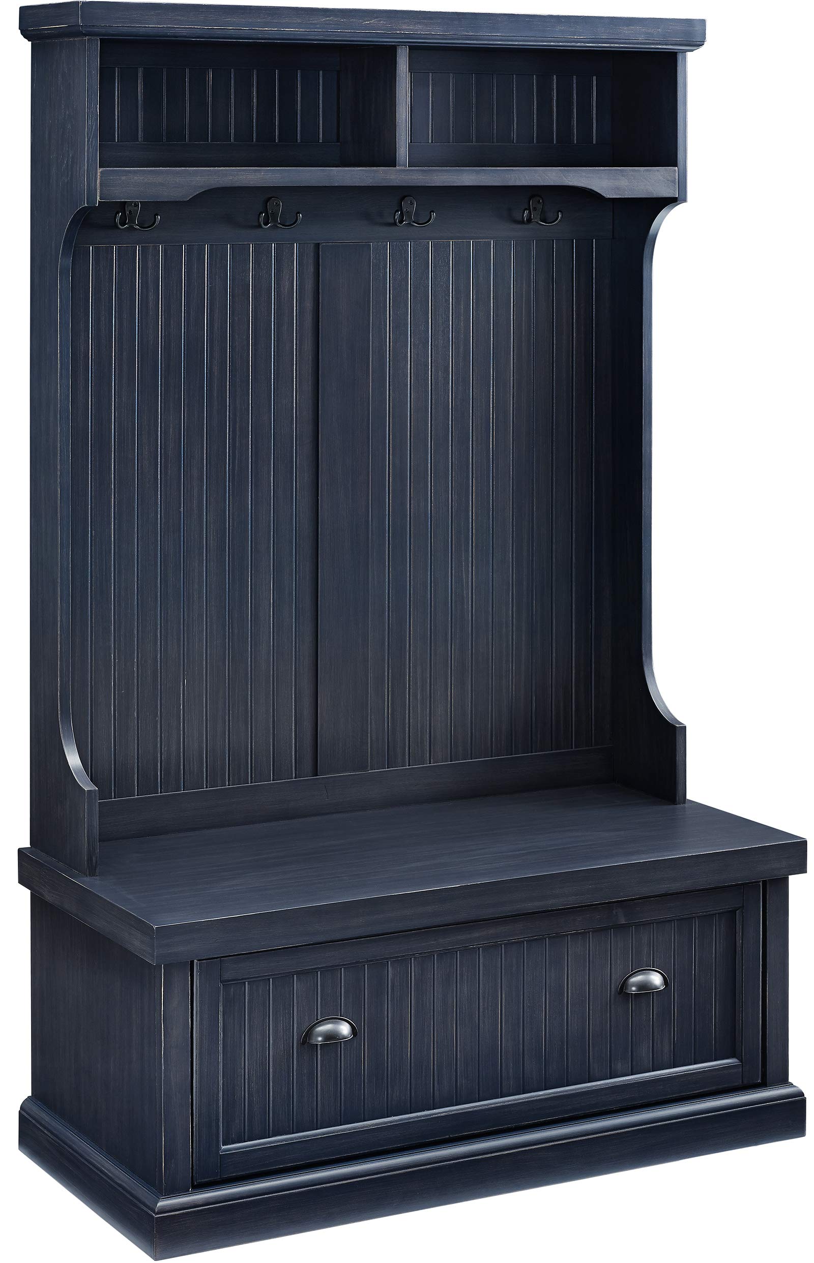 Crosley Furniture Seaside Hall Tree with Shoe Rack Bench & Coat Hooks - Entryway Storage Organizer with Distressed Navy Finish | Perfect for Small Spaces, Mudrooms, and Home Entry Organization