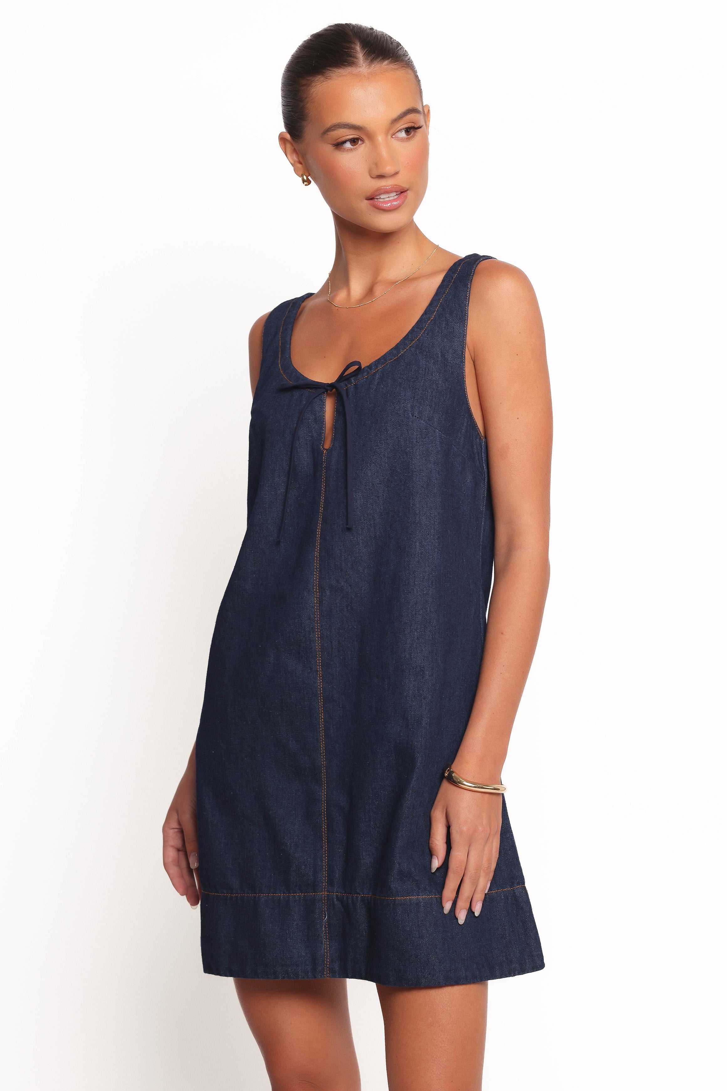 Azen Mini Dress - Dark Denim Blue Stretch Denim Bodycon Dress for Women | Casual, Party & Night Out Outfits