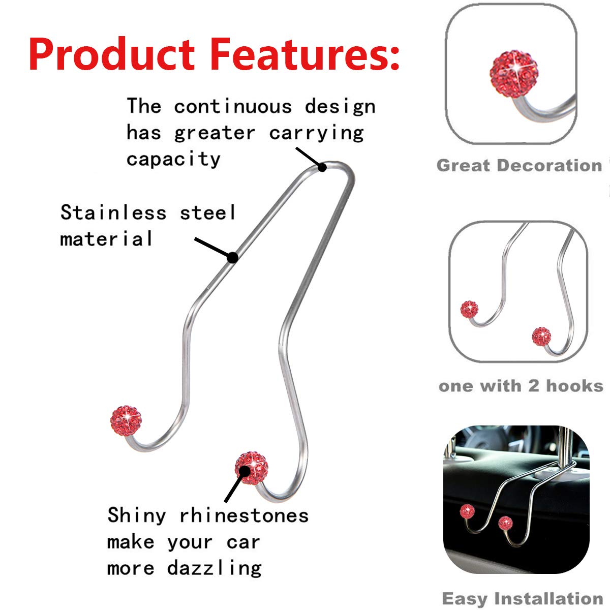 Rhinestone Car Seat Hooks - Universal Car Headrest Hangers for Purse, Bag & Organizer Storage - Durable Auto Backseat Hooks for Women (Red) - Perfect for Road Trips, Shopping & Daily Commute