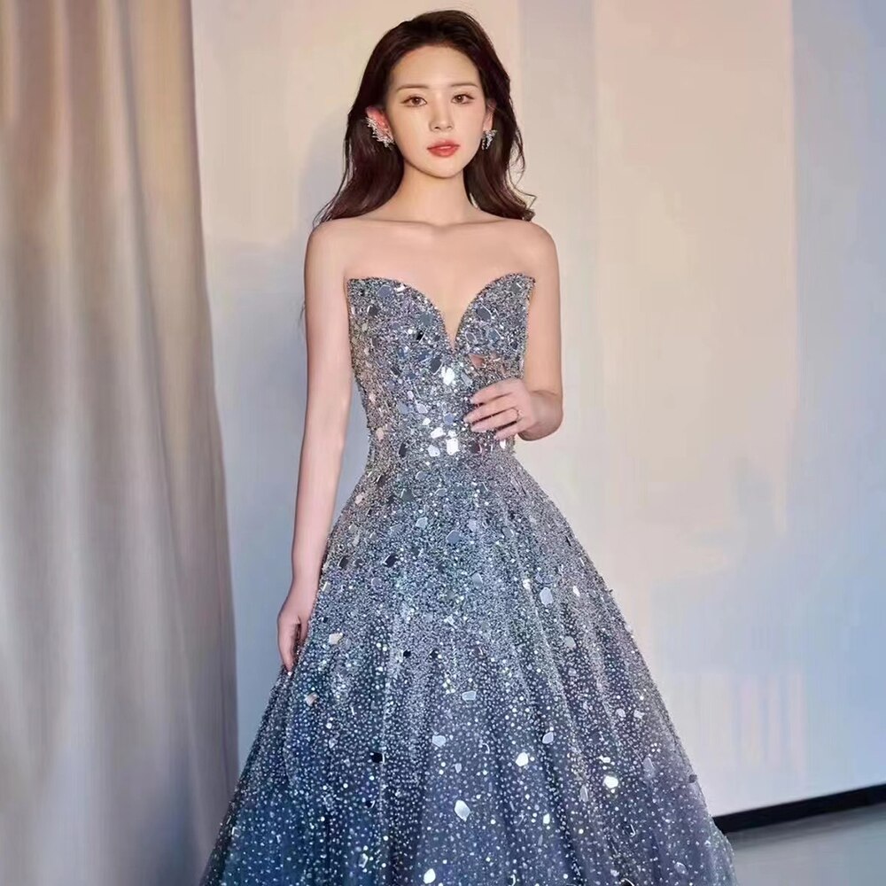 Elegant Off-the-Shoulder Grey Beaded Crystal Sequins A-Line Evening Dress for Women - Perfect for Prom, Gala & Formal Parties (LA71644)