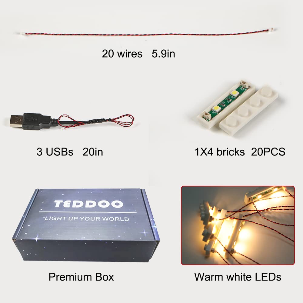 20pcs 1X4 LED Lighting Kit - USB Powered DIY Bricks City Building Blocks - Compatible with Lego 3710 (Warm White) - Perfect for Home Decoration, Model Lighting and Creative Gifts