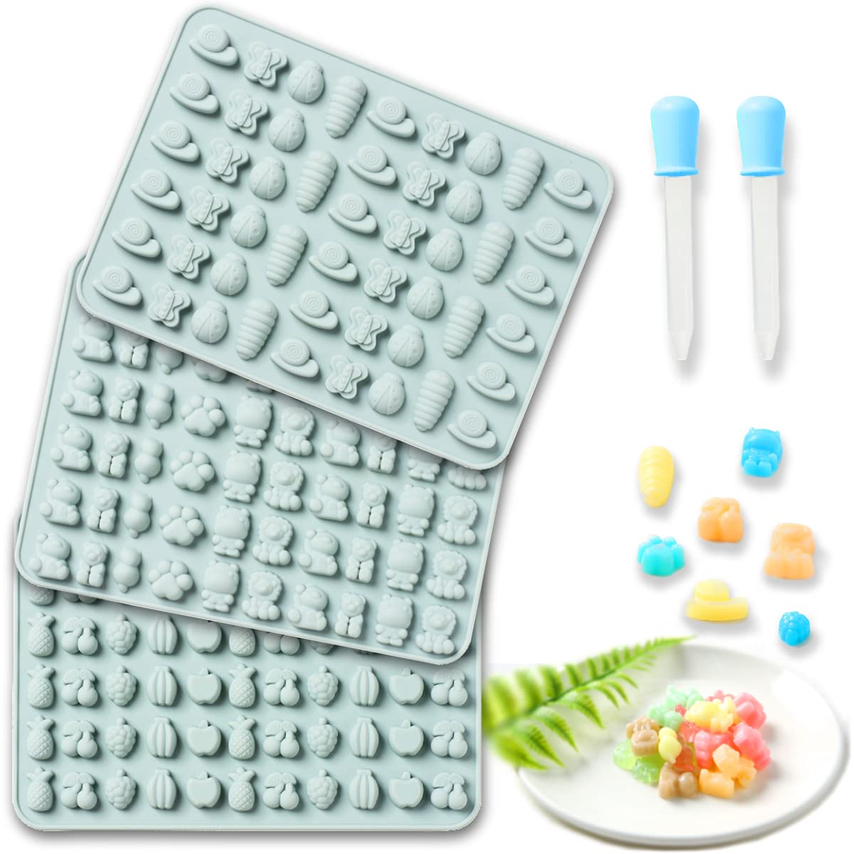 Premium Food-Grade Silicone Gummy Molds Set - 180 Cavities with 15 Adorable Shapes (Bears, Fruits, Insects, Animals) for DIY Candy Making - Includes 3 Molds & 2 Droppers - Perfect for Birthday Parties, Halloween Treats & Homemade Gummies