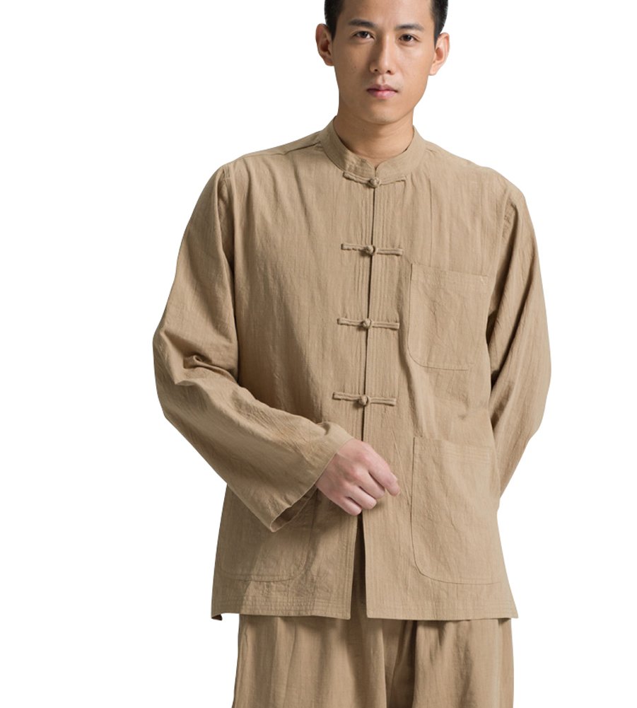 KATUO Traditional Chinese Long Sleeve Stand Collar Men's Shirt - Elegant Hanfu Style for Tea Ceremony, Cosplay & Cultural Events